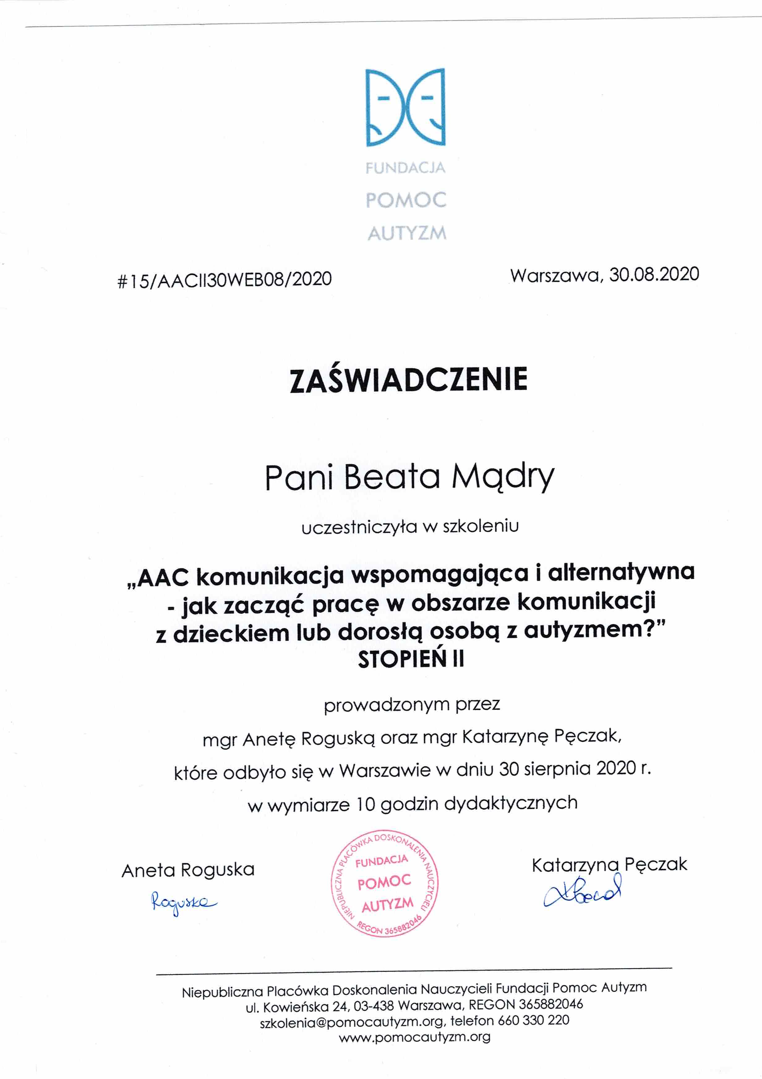 Certyfikat AAC - Beata Mądry