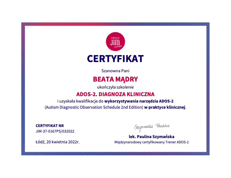 Certyfikat ADOS-2 - Beata Mądry