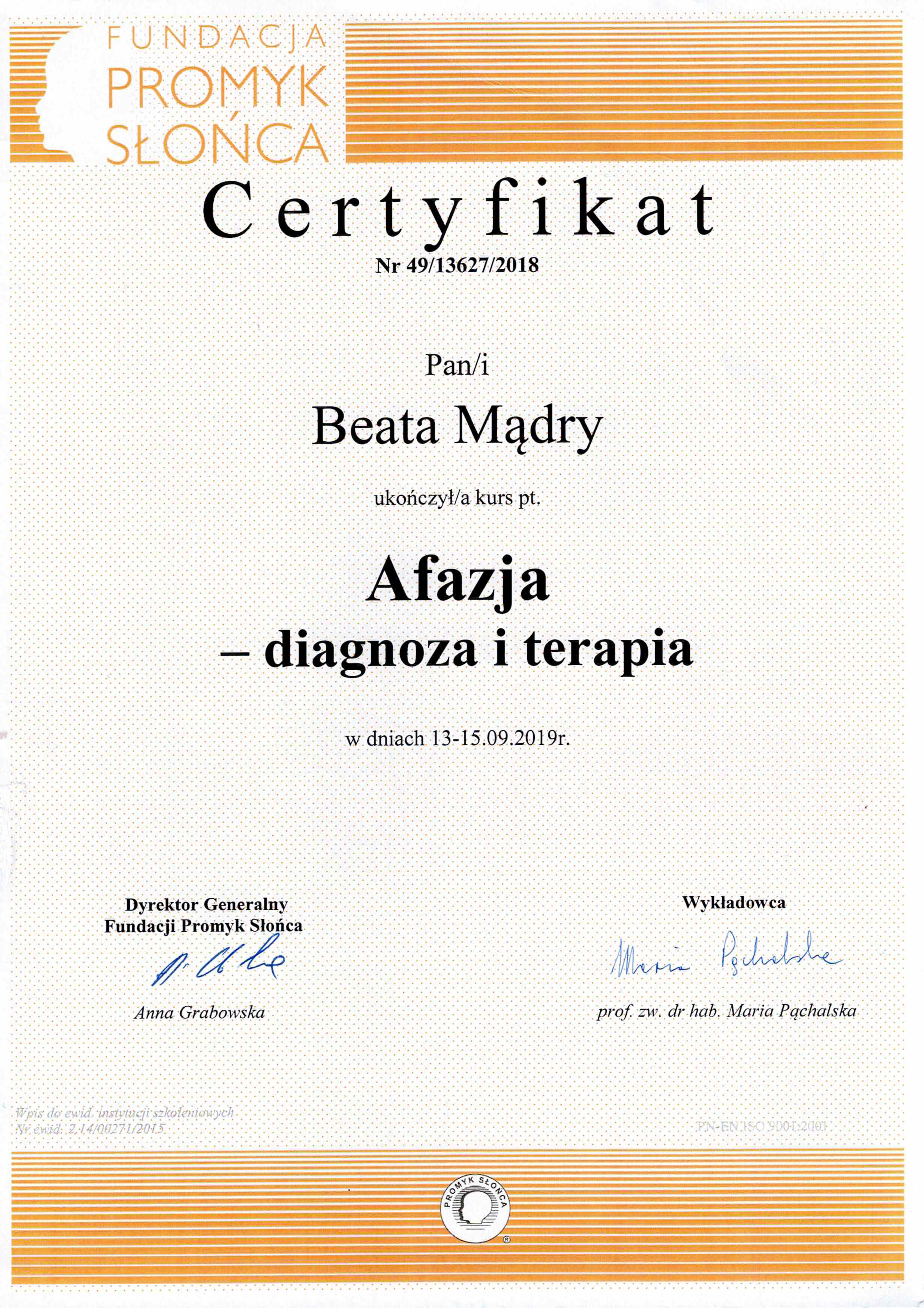 Certyfikat Afazja - Beata Mądry