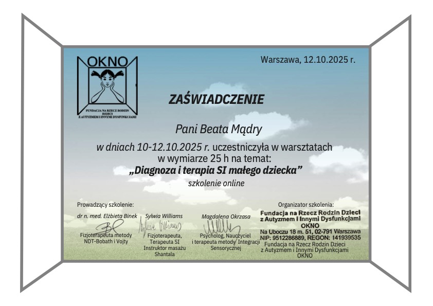 Certyfikat Diagnoza i Terapia SI Małego Dziecka - Beata Mądry