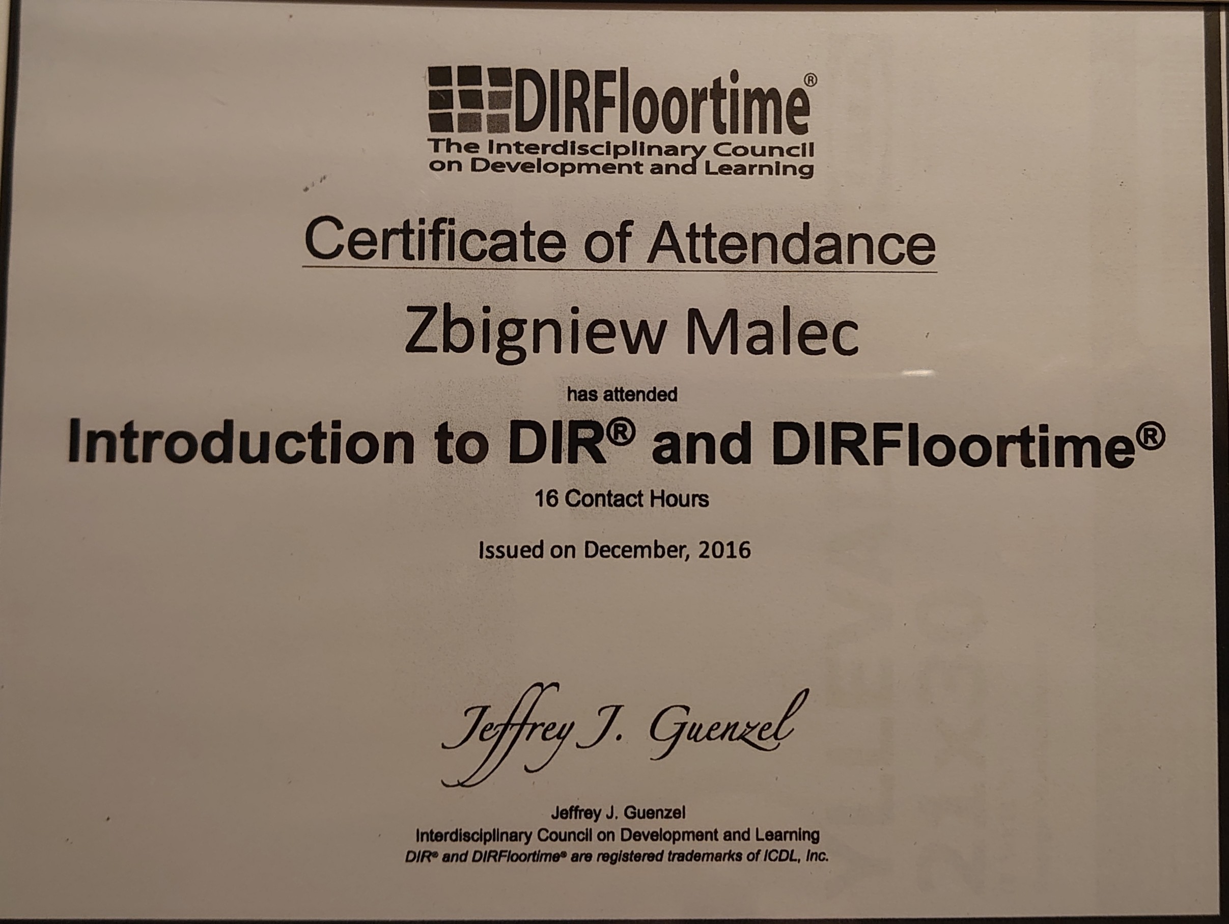 Certyfikat DIRFloortime - Zbigniew Malec