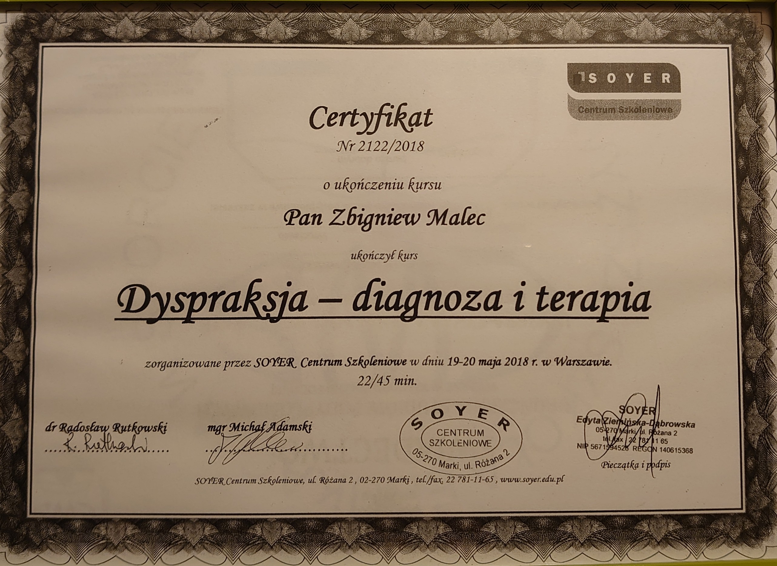 Certyfikat Dyspraksja - diagnoza i terapia - Zbigniew Malec
