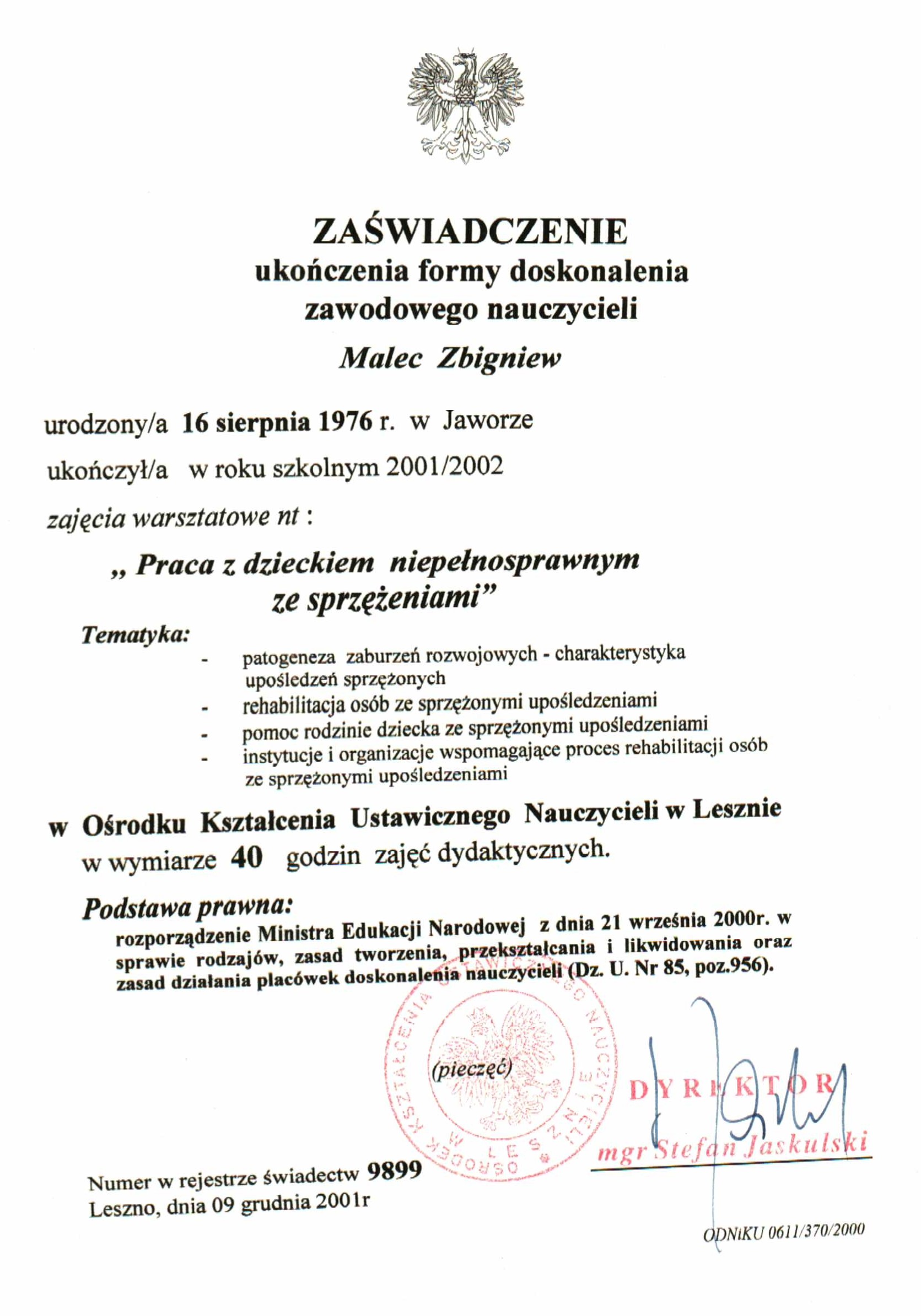 Certyfikat Dziecko Niepełnosprawne ze Sprzężeniami - Zbigniew Malec