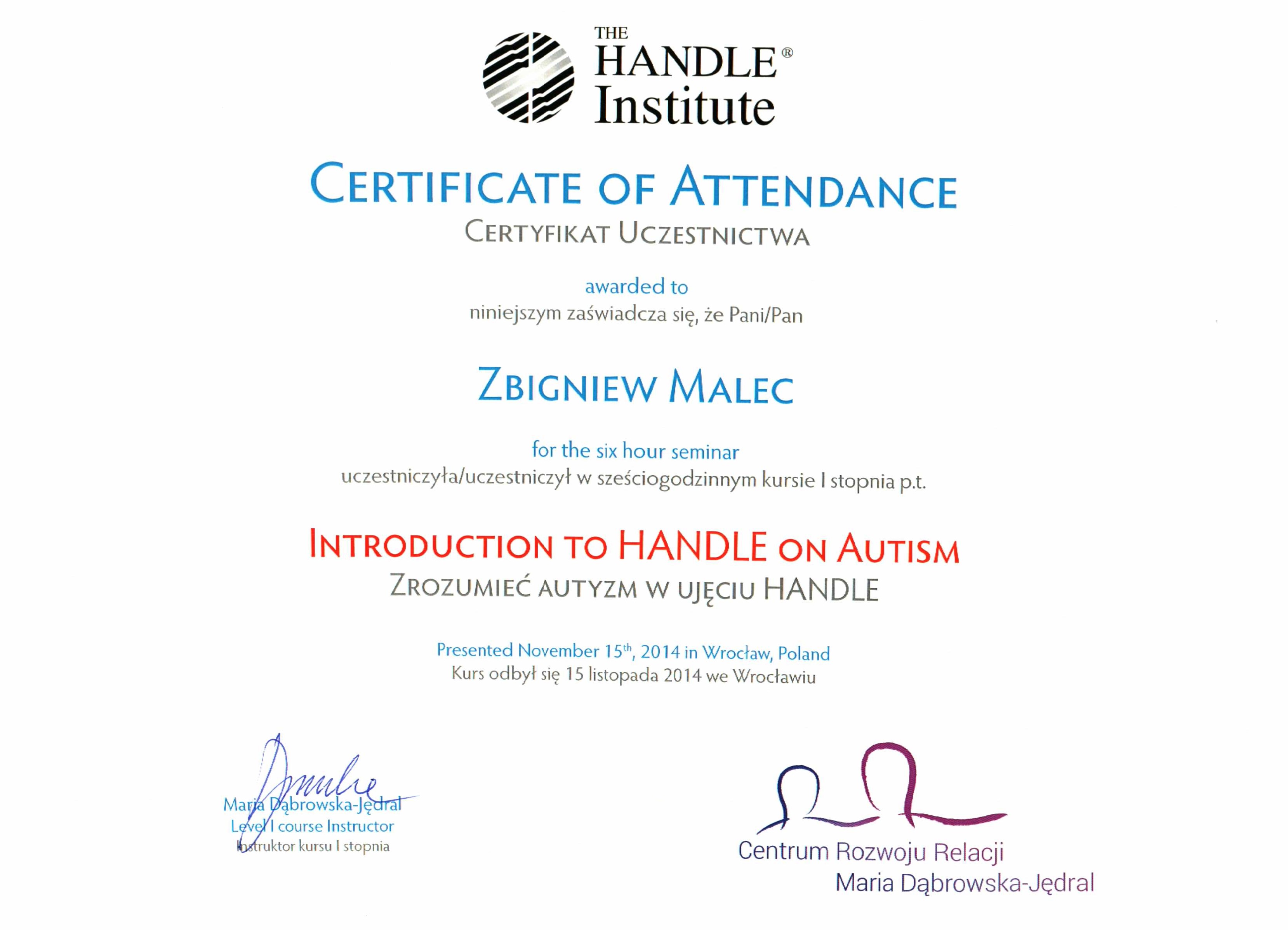 Certyfikat Handle - Zbigniew Malec