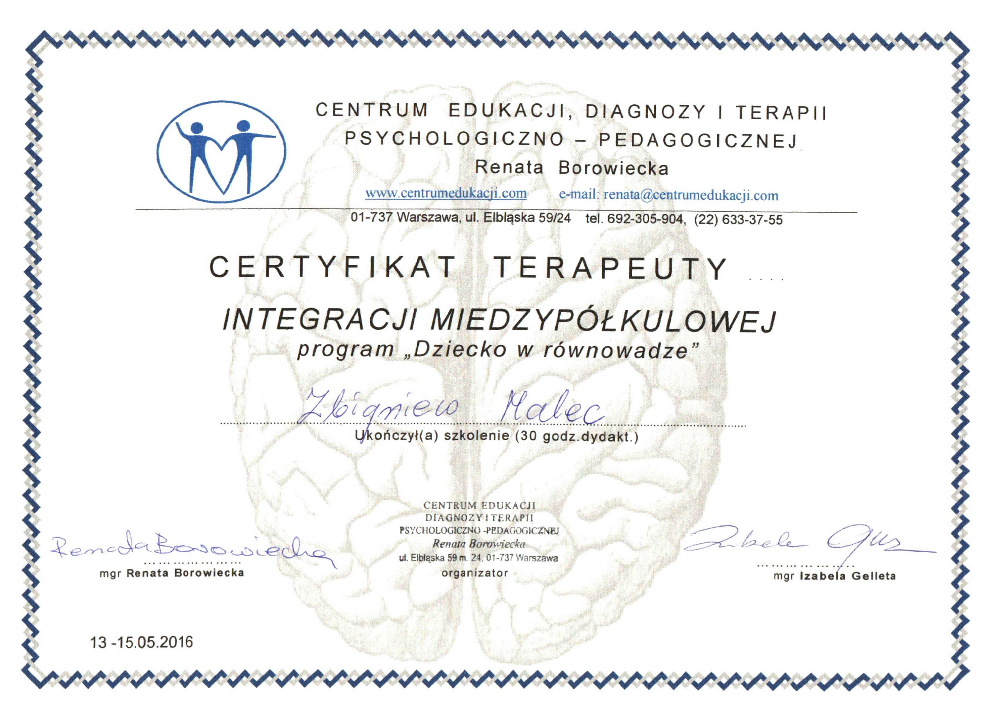 Certyfikat Integracja Międzypółkulowa - Zbigniew Malec