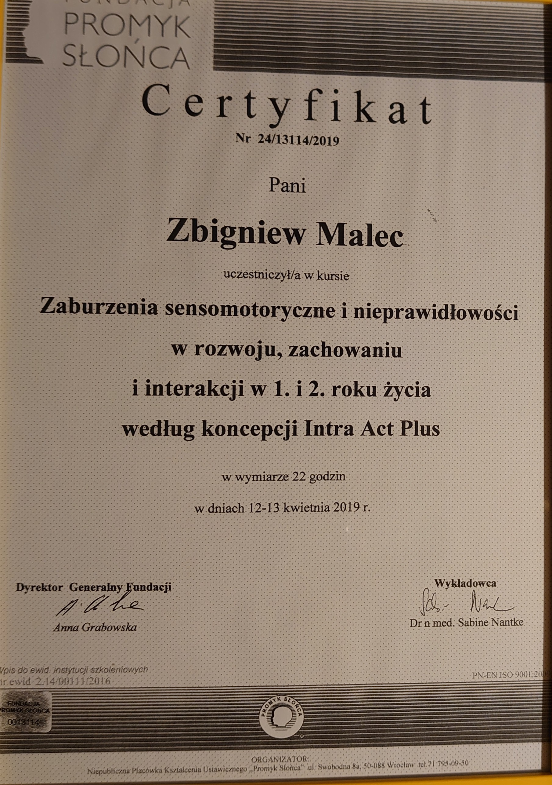 Certyfikat Intra Act Plus - Zbigniew Malec