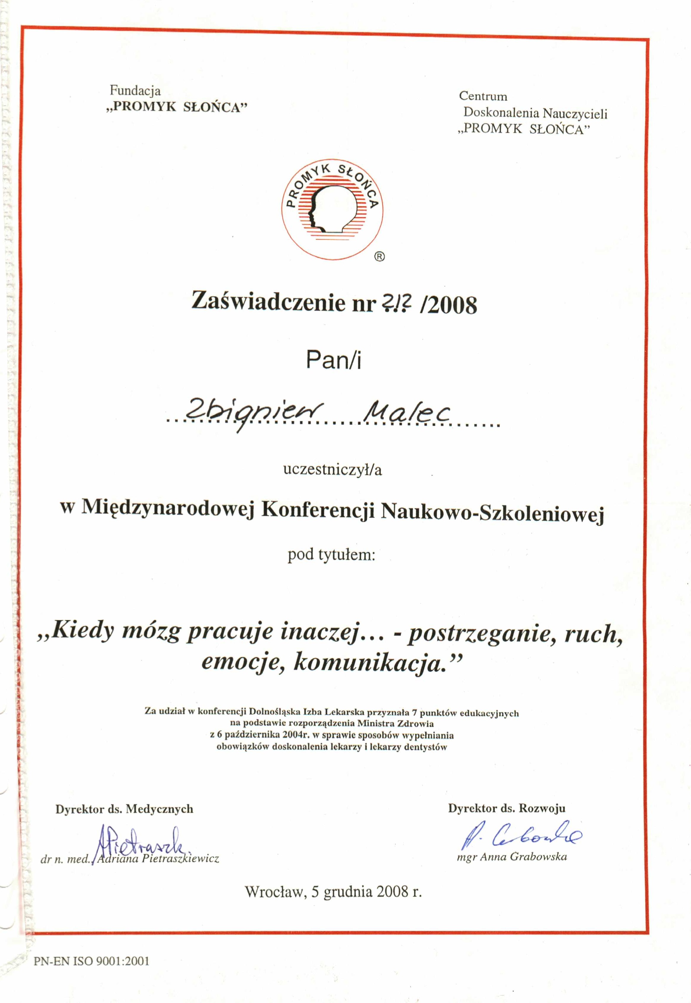 Certyfikat Udział w konferencjach - Zbigniew Malec
