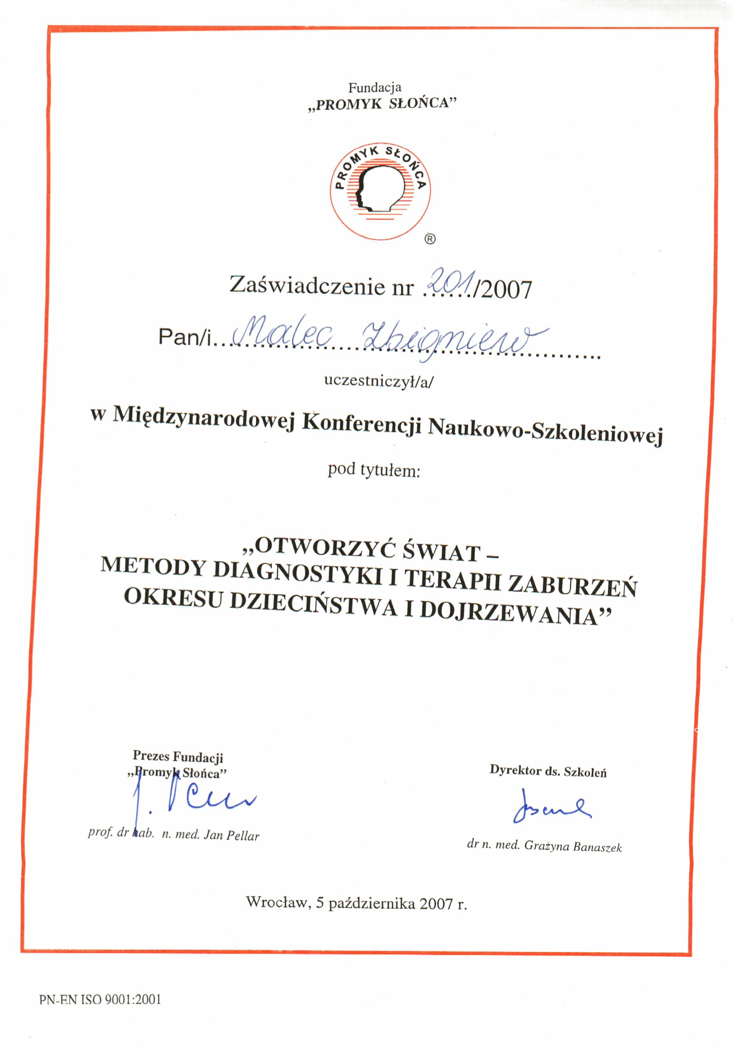 Certyfikat Udział w konferencjach - Zbigniew Malec