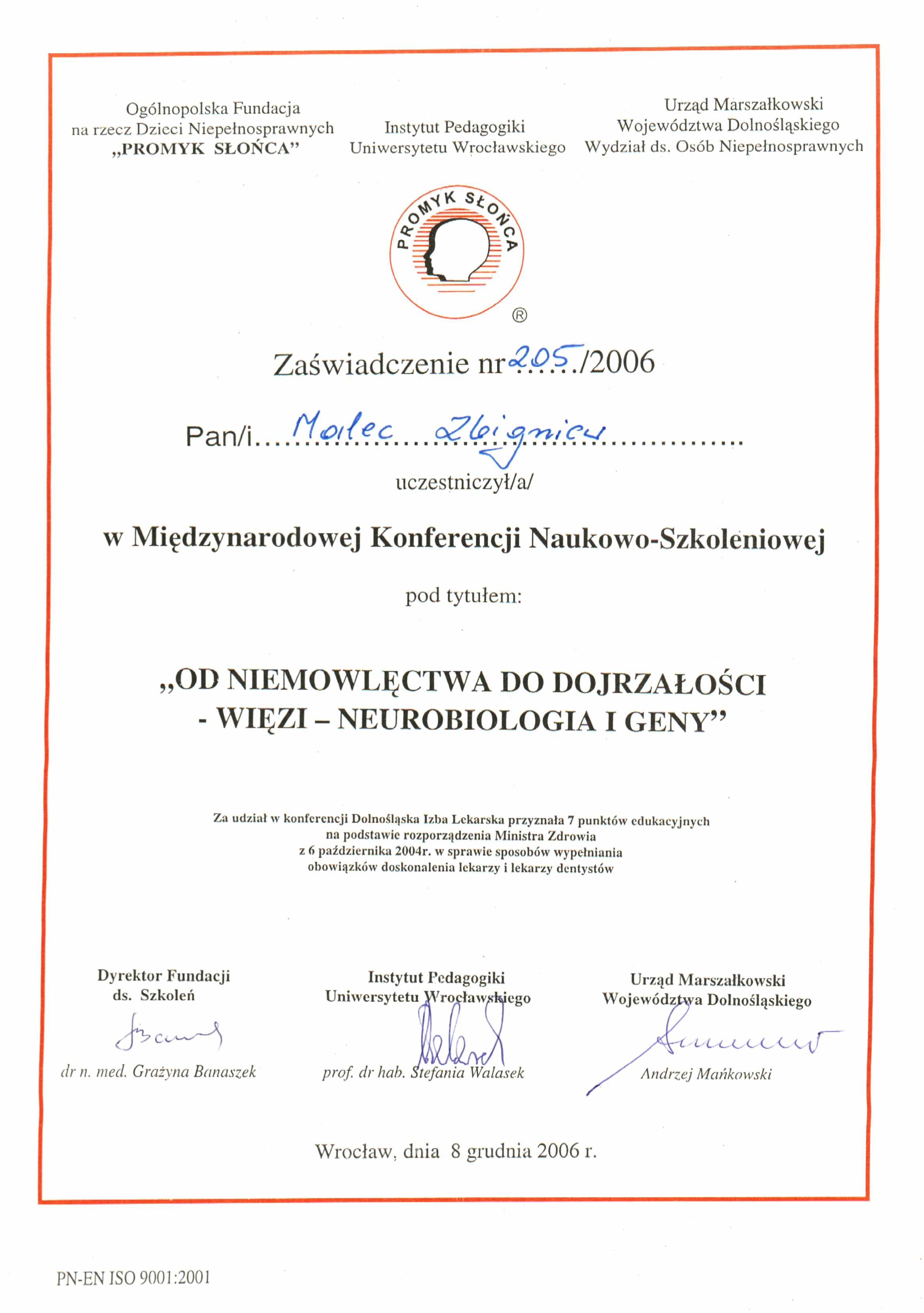 Certyfikat Udział w konferencjach - Zbigniew Malec