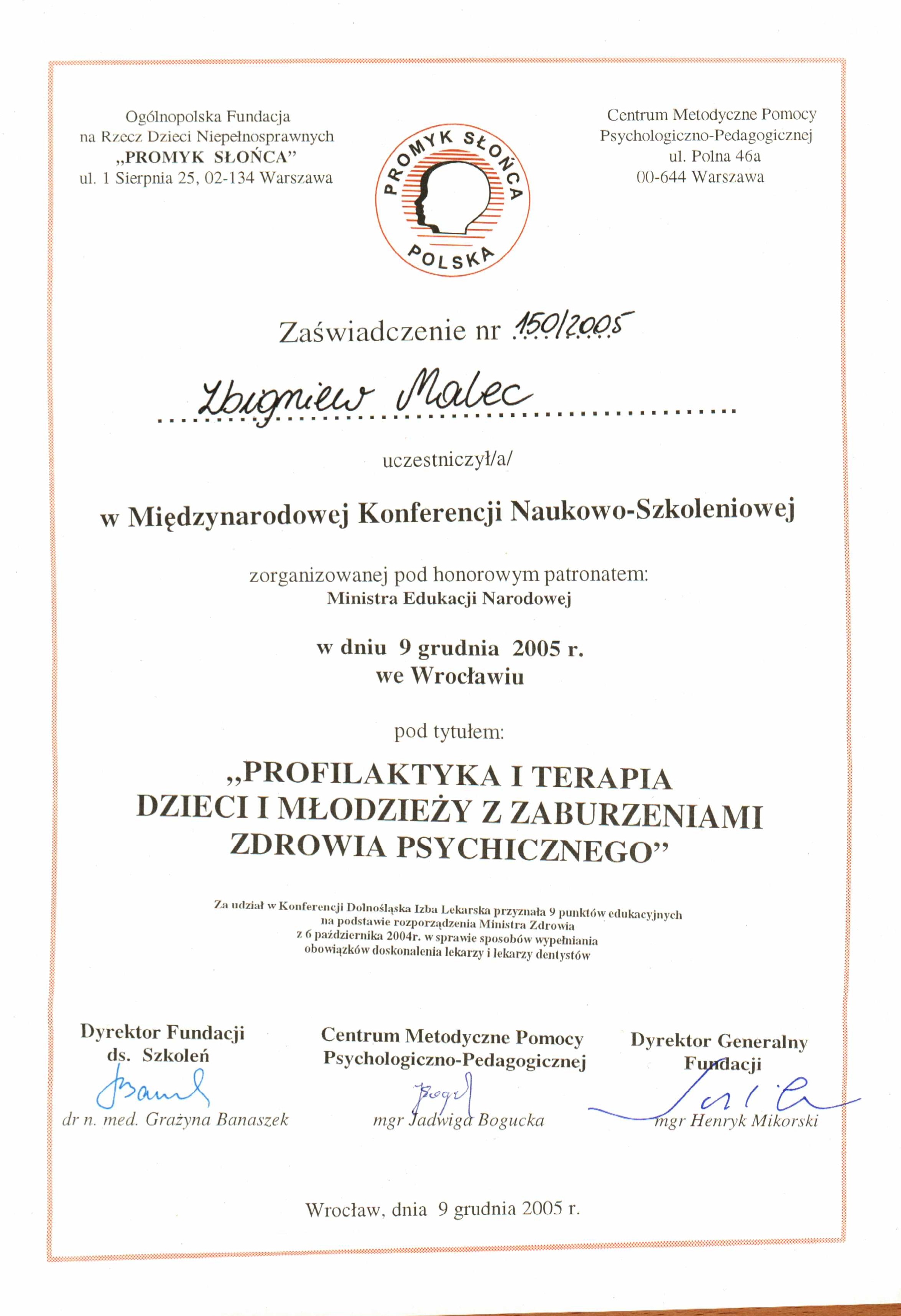Certyfikat Udział w konferencjach - Zbigniew Malec