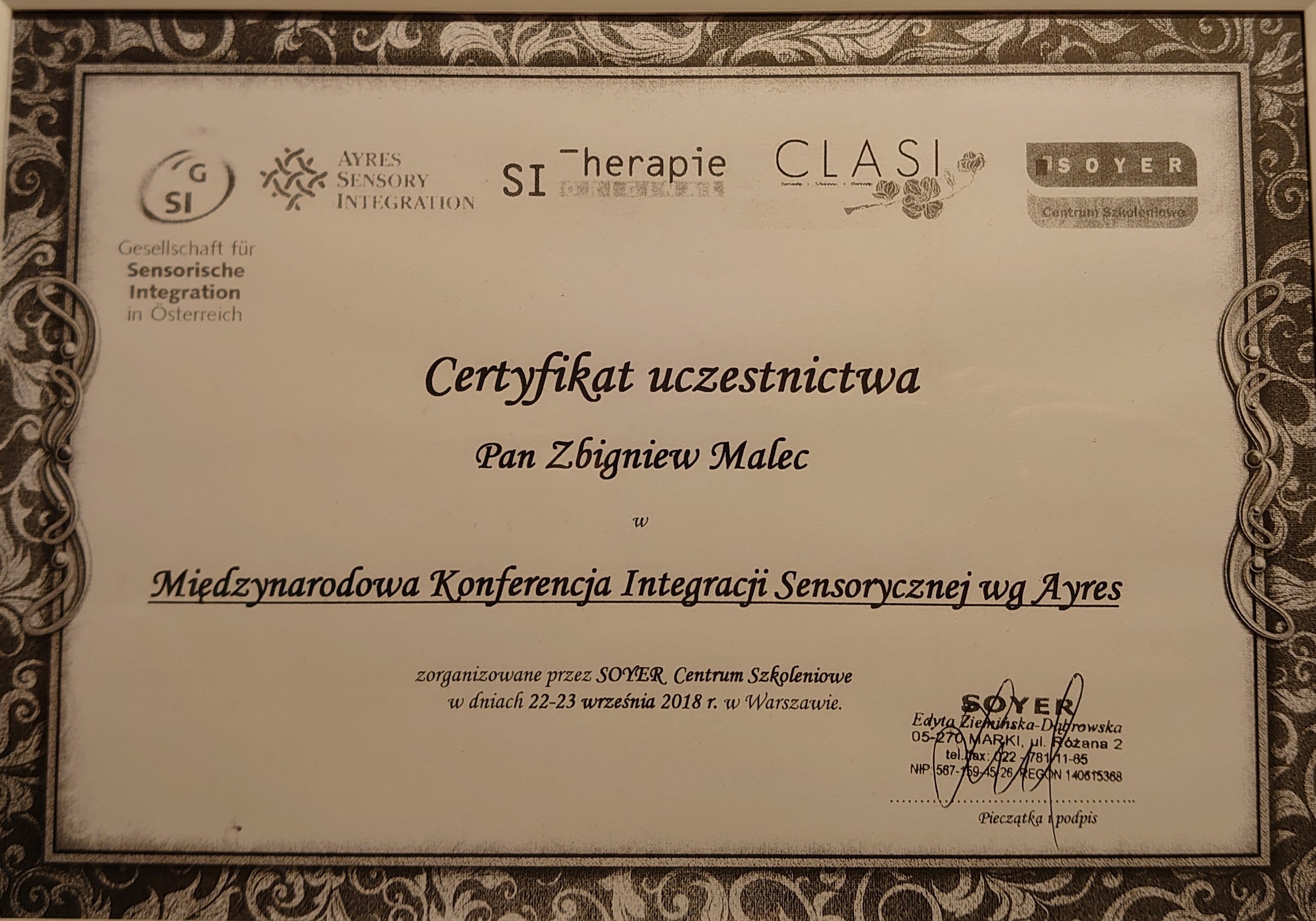 Certyfikat Udział w konferencjach - Zbigniew Malec