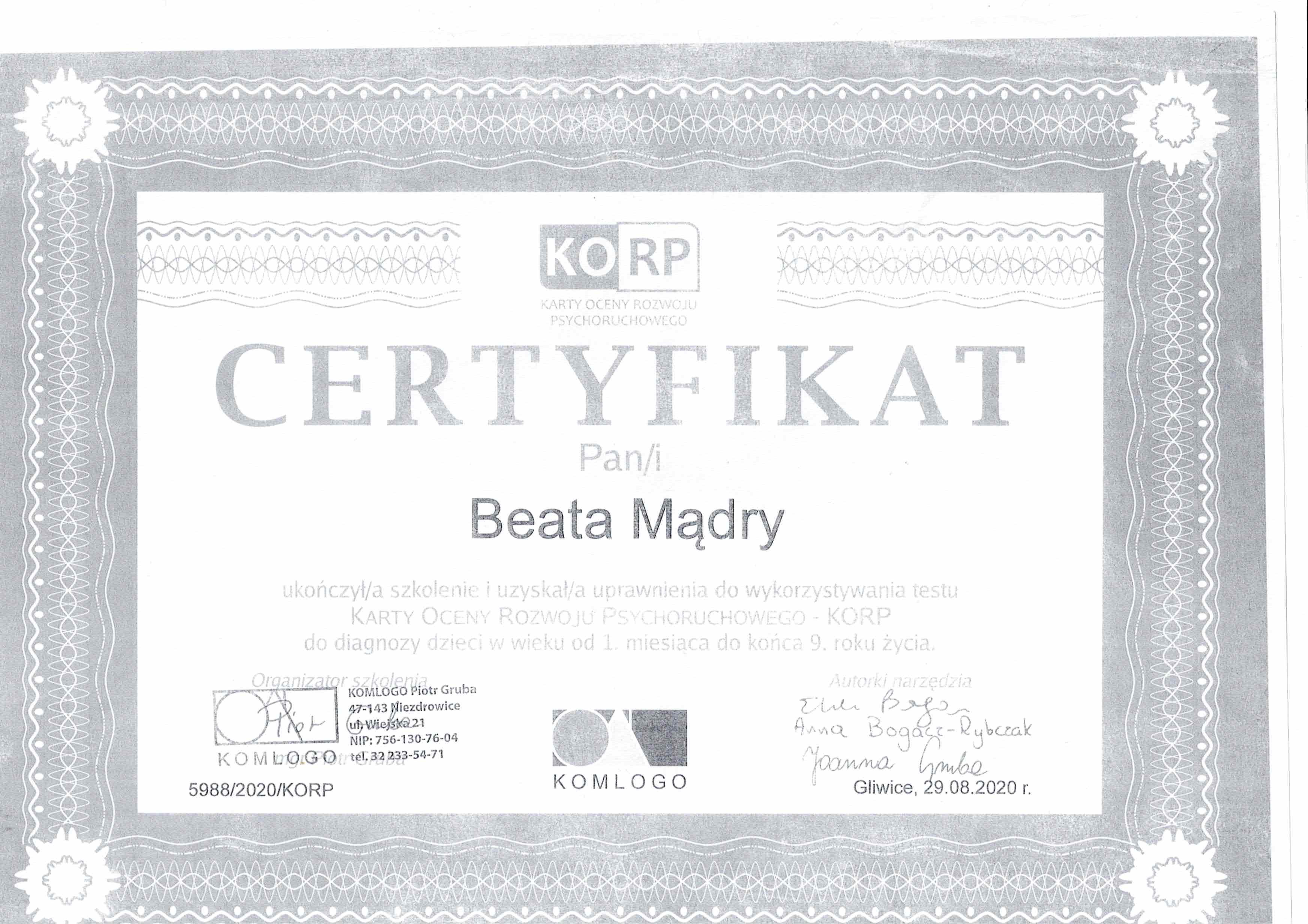 Certyfikat KORP - Beata Mądry