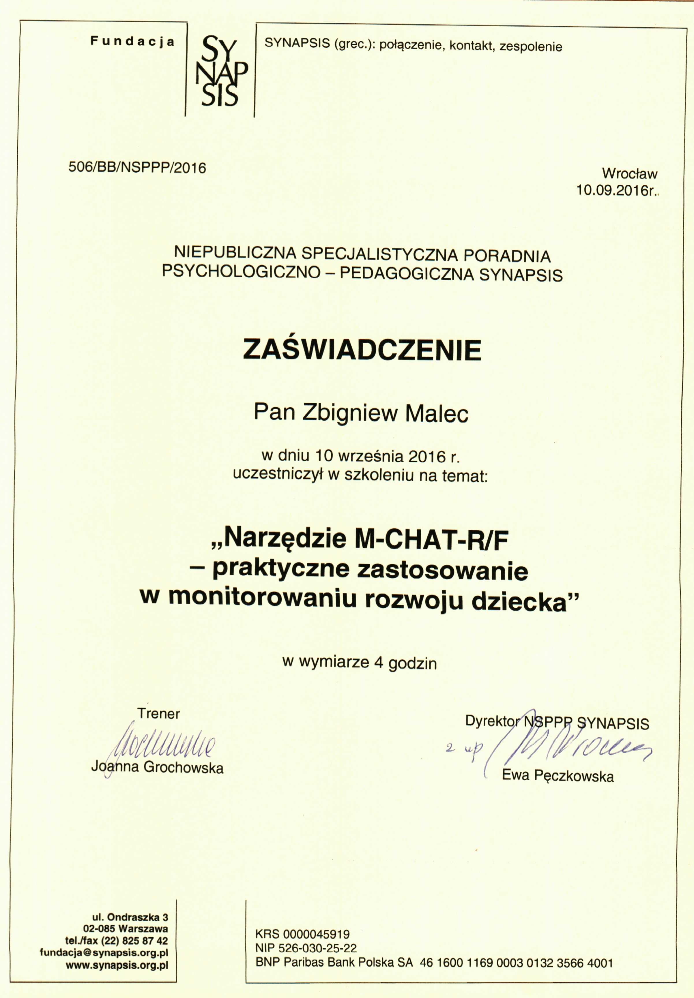 Certyfikat M-CHAT-R/F - Zbigniew Malec