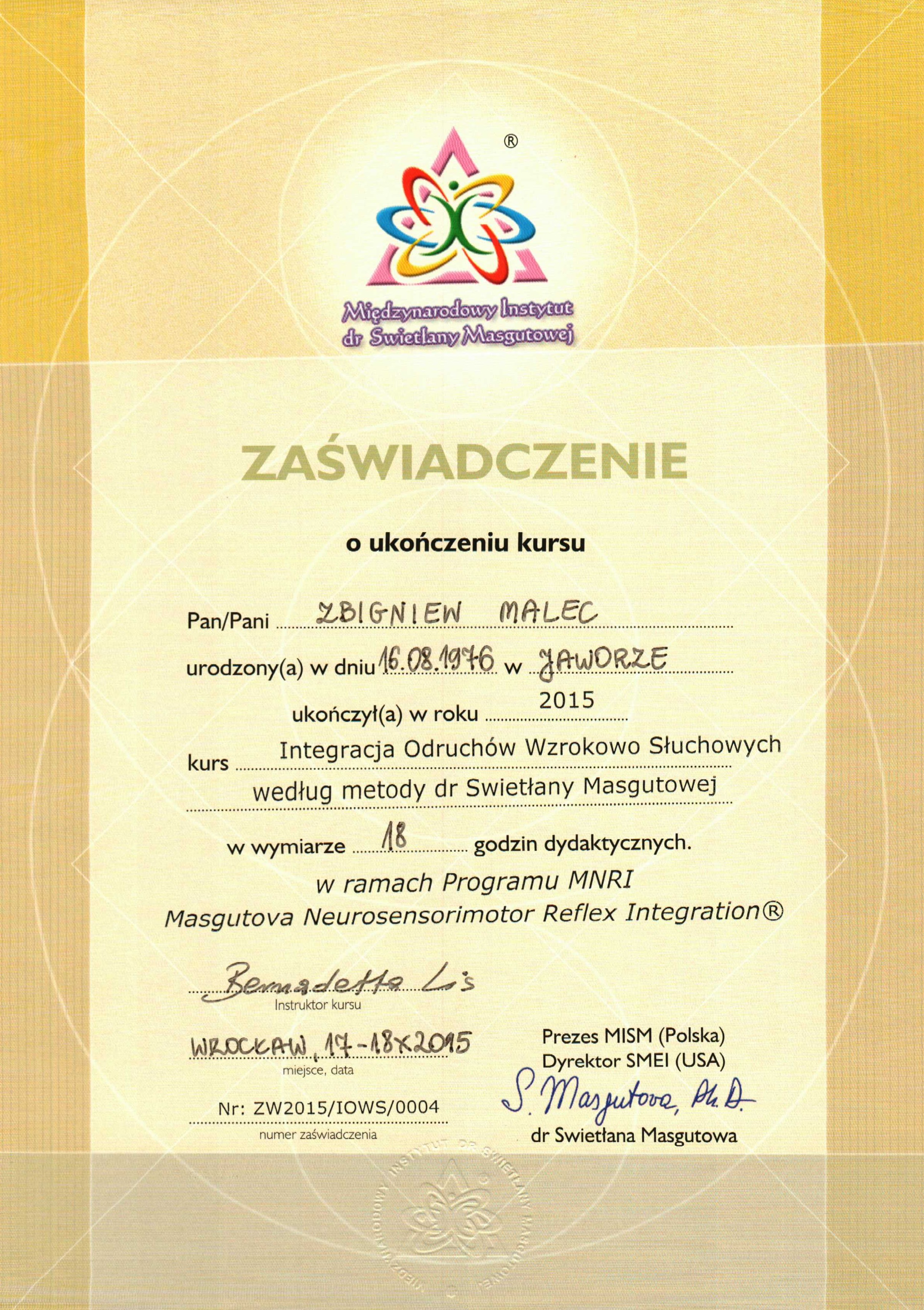 Certyfikat Metoda Integracji Odruchów - Zbigniew Malec