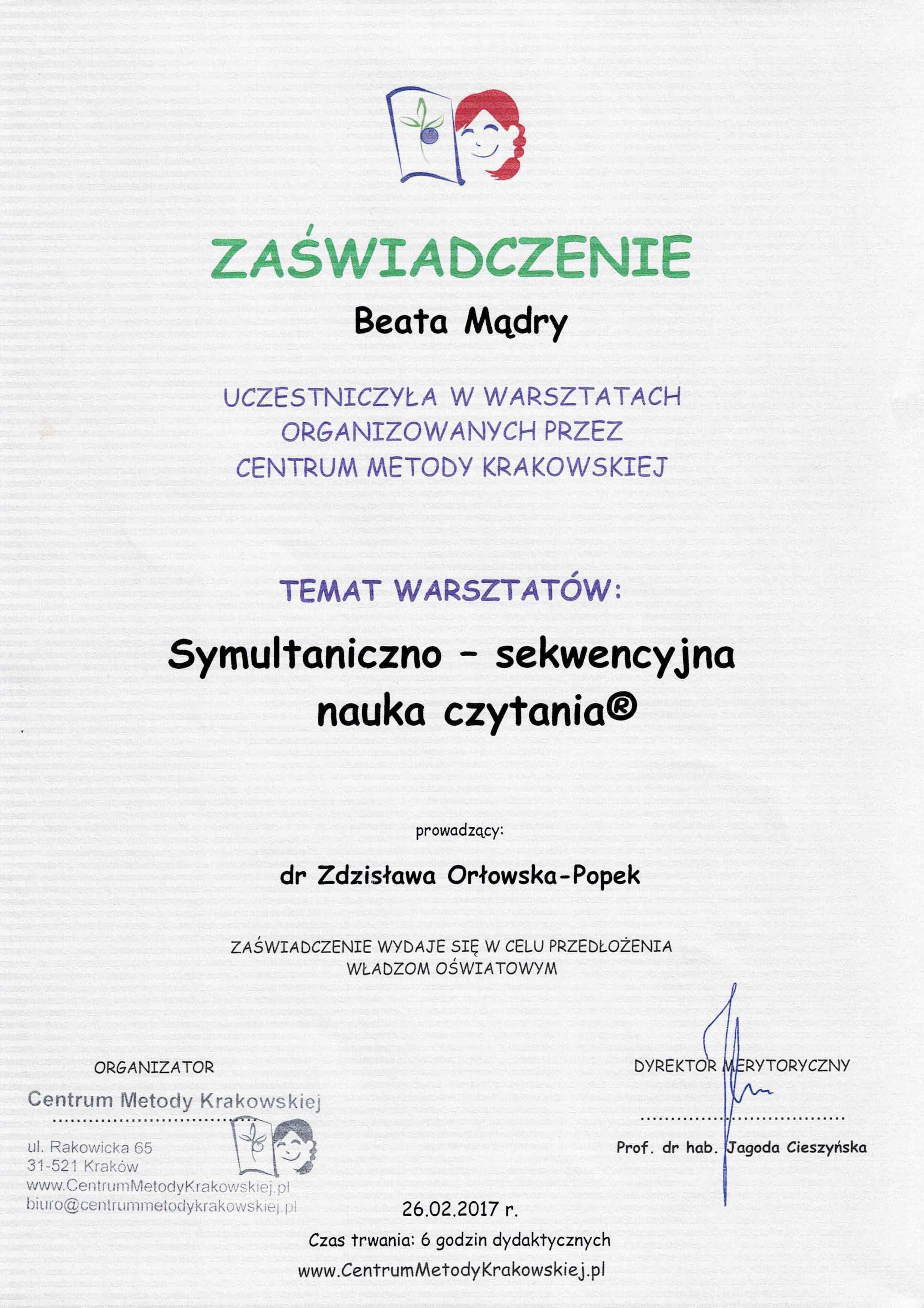 Certyfikat Nauka czytania metodą krakowską - Beata Mądry