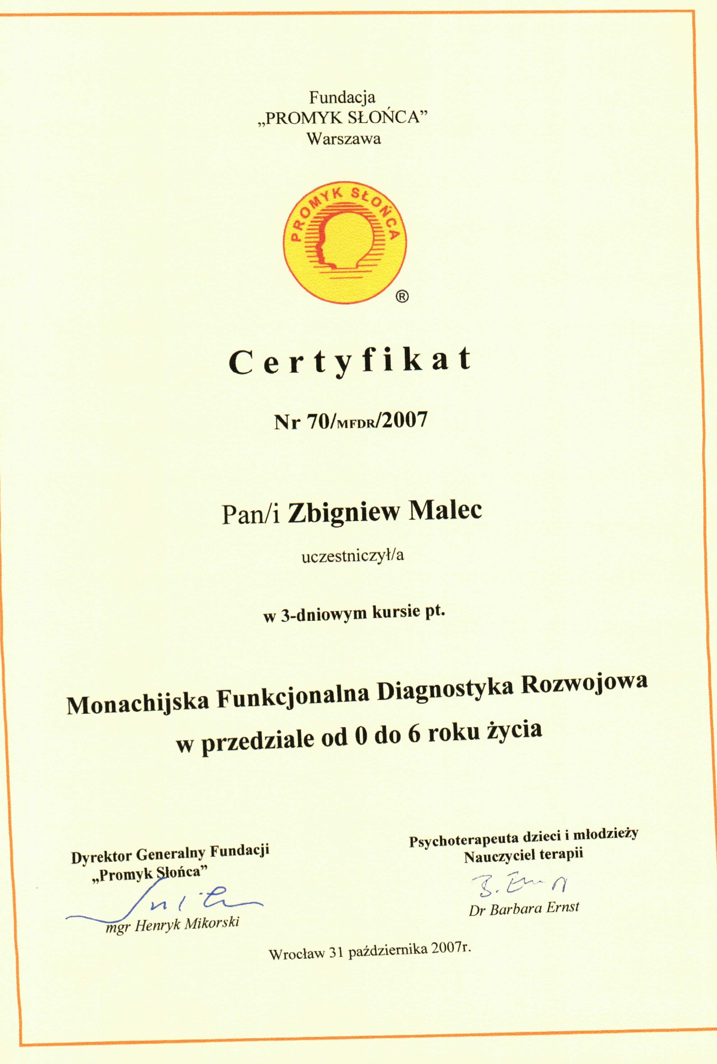 Certyfikat Monachijska Funkcjonalna Diagnostyka - Zbigniew Malec