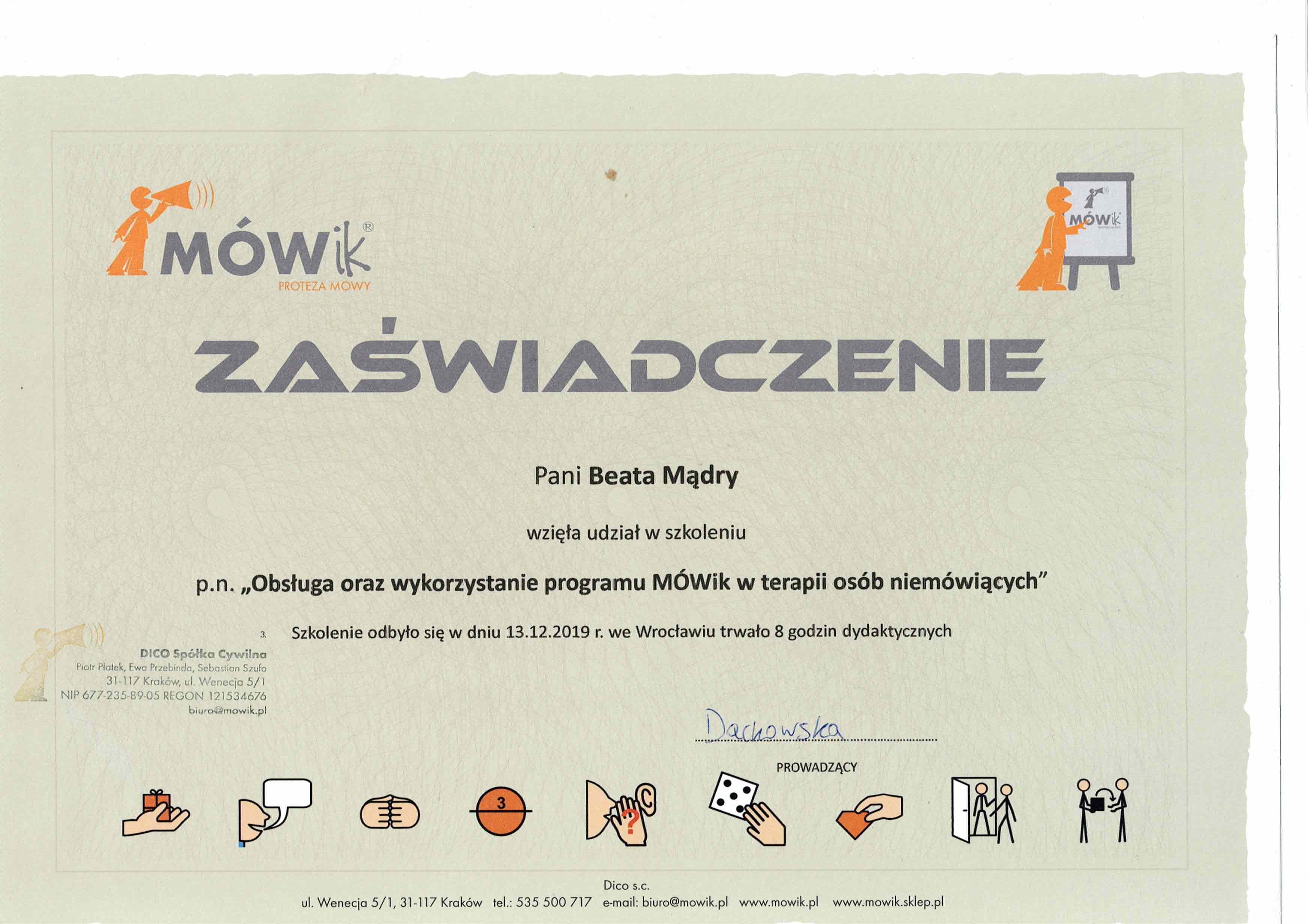 Certyfikat MOWIK - Beata Mądry