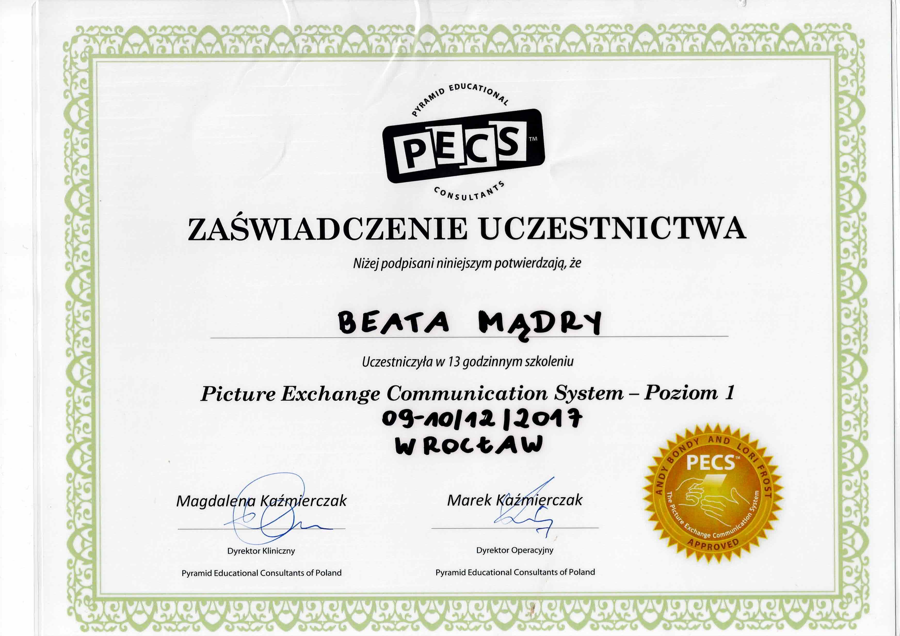 Certyfikat PECS - Beata Mądry