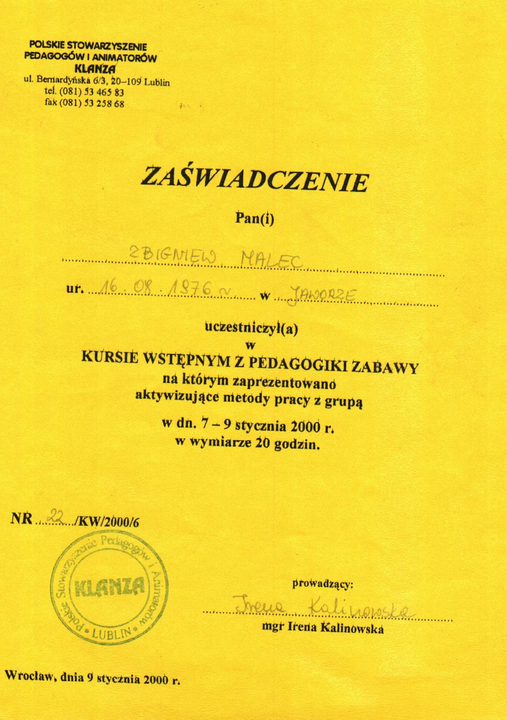 Certyfikat Pedagogika Zabawy - Zbigniew Malec