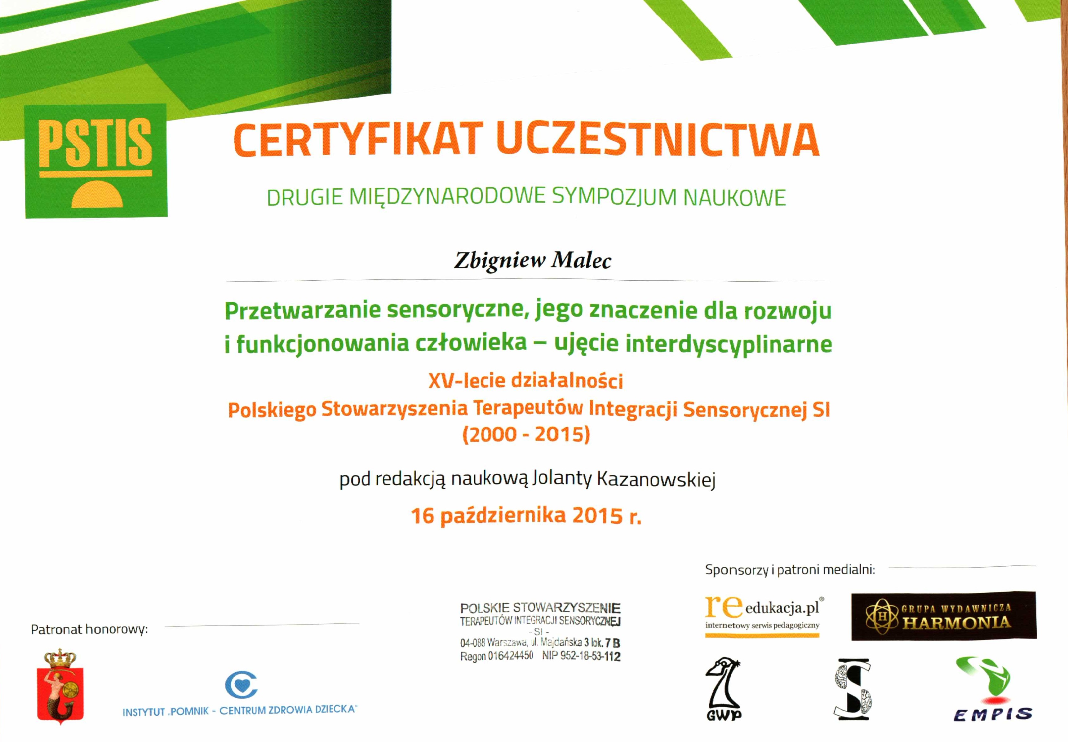 Certyfikat Przetwarzanie Sensoryczne - Zbigniew Malec