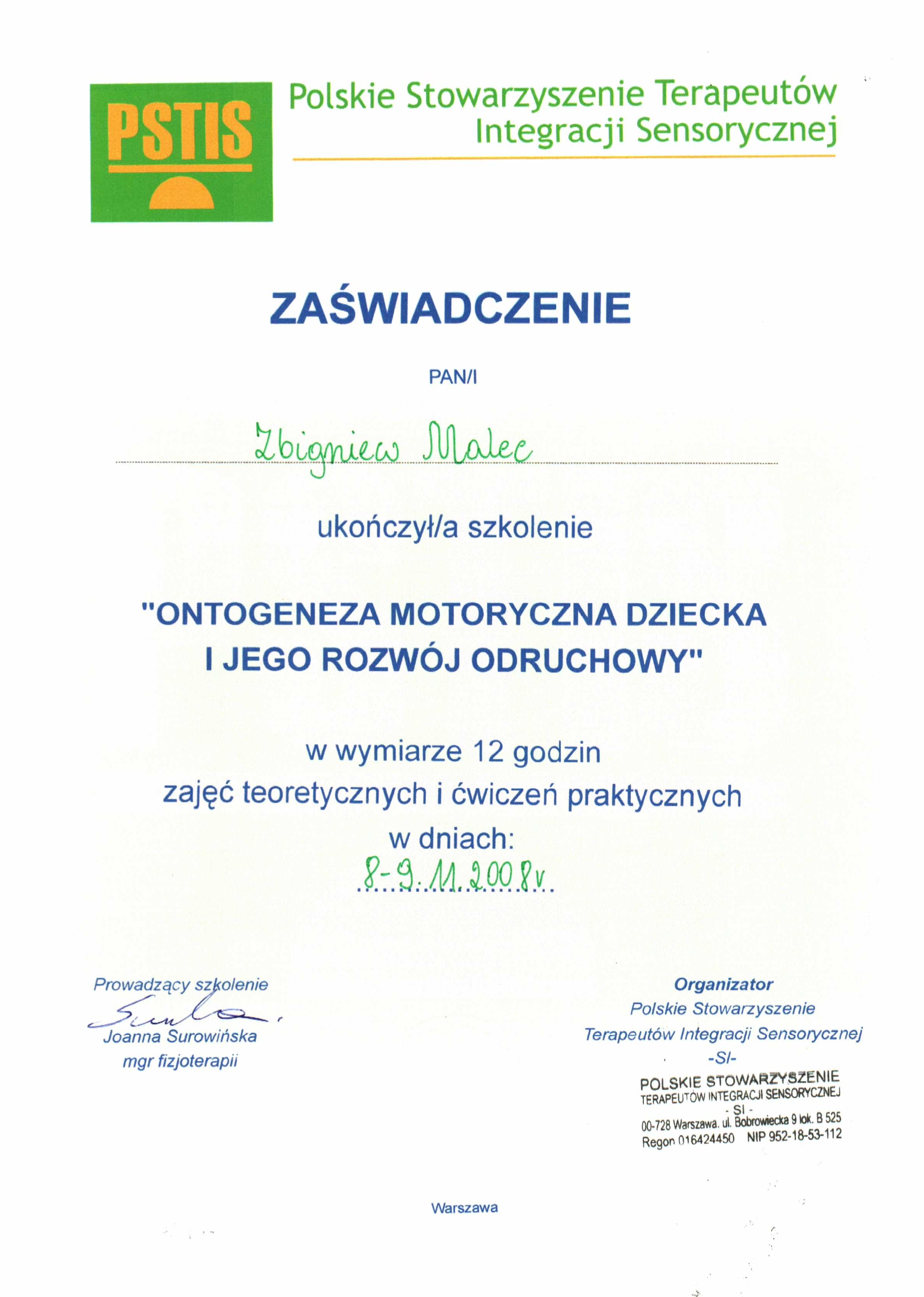 Certyfikat Rozwój Odruchowy Dziecka - Zbigniew Malec