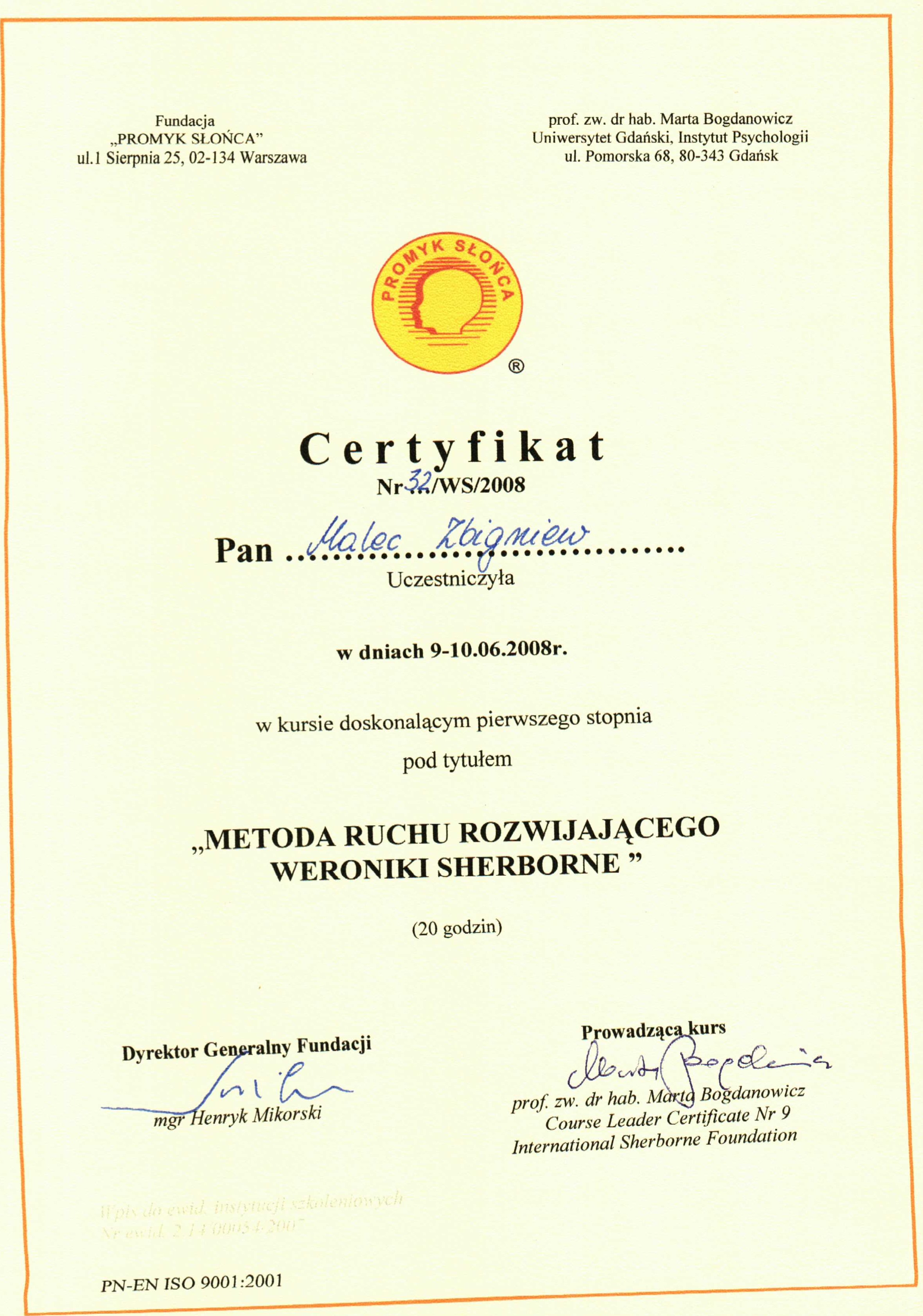 Certyfikat Ruch Rozwijający Weroniki Sherborne - Zbigniew Malec