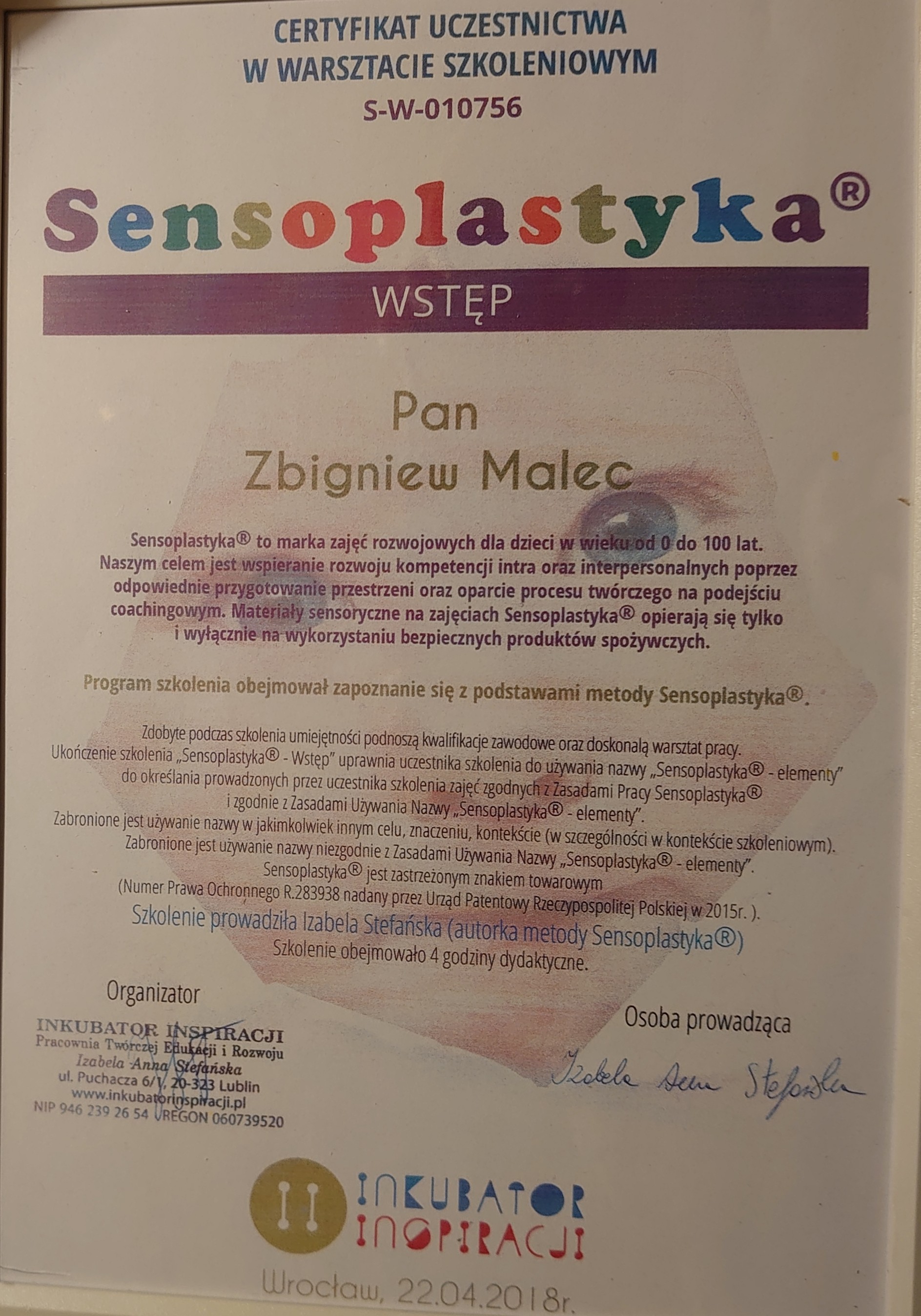 Certyfikat Sensoplastyka - Zbigniew Malec