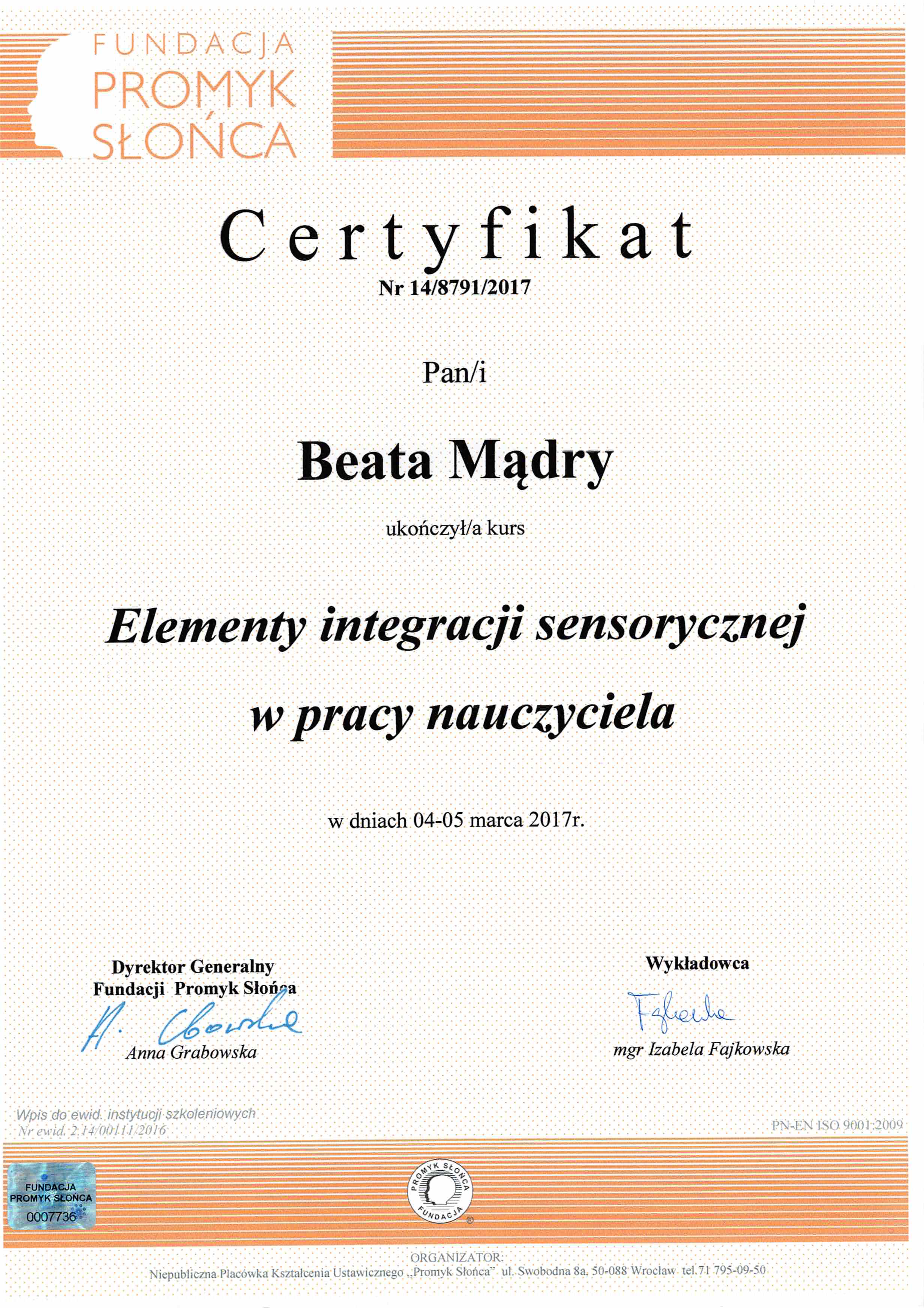 Certyfikat SI w pracy nauczyciela - Beata Mądry