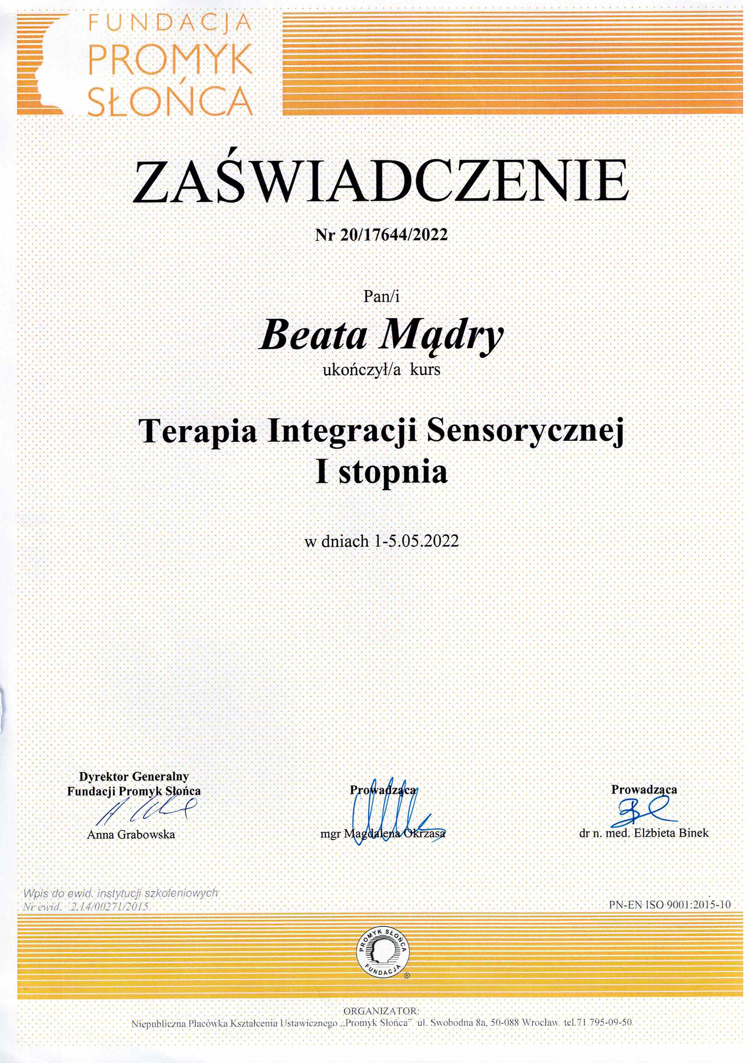 Certyfikat SI - Beata Mądry