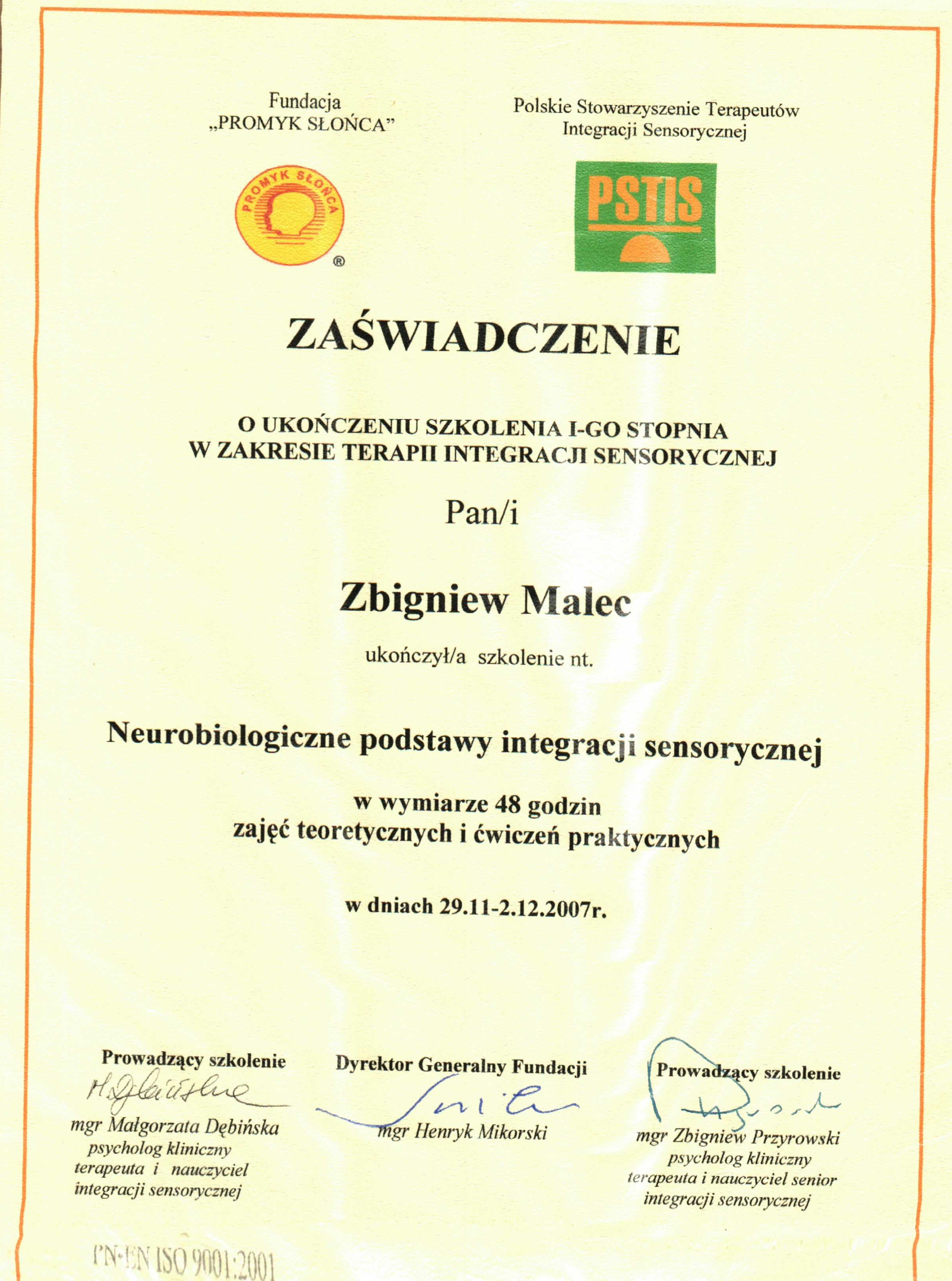 Certyfikat SI - Zbigniew Malec