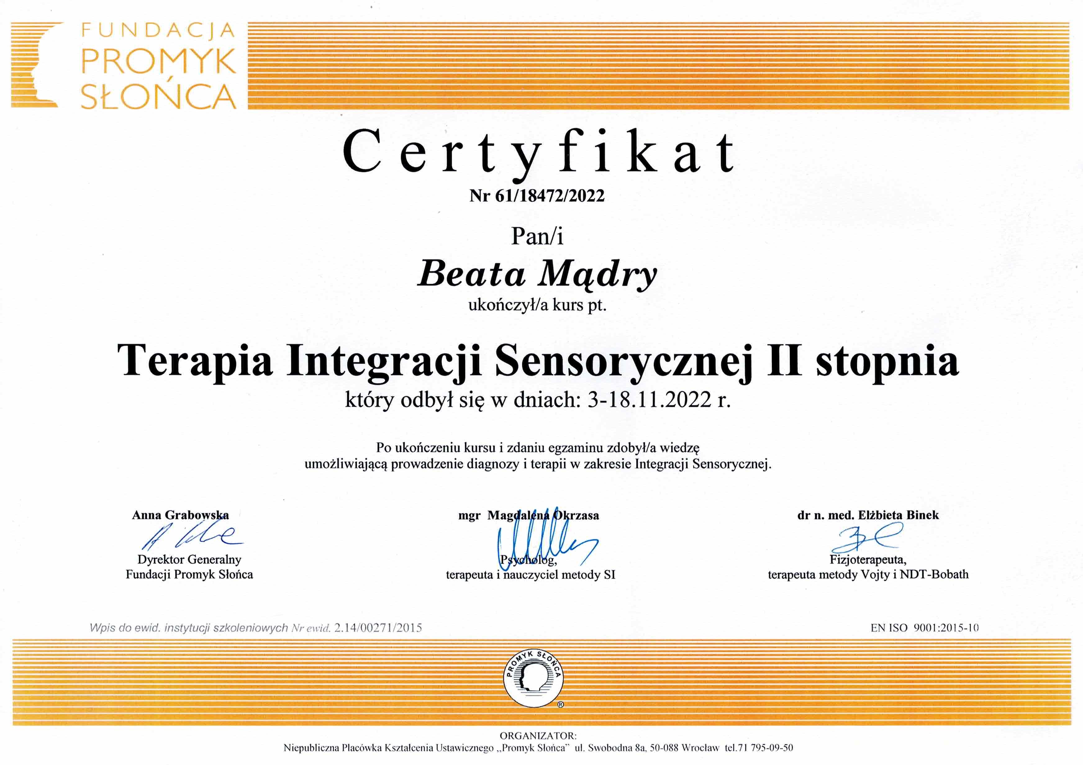 Certyfikat SI - Beata Mądry