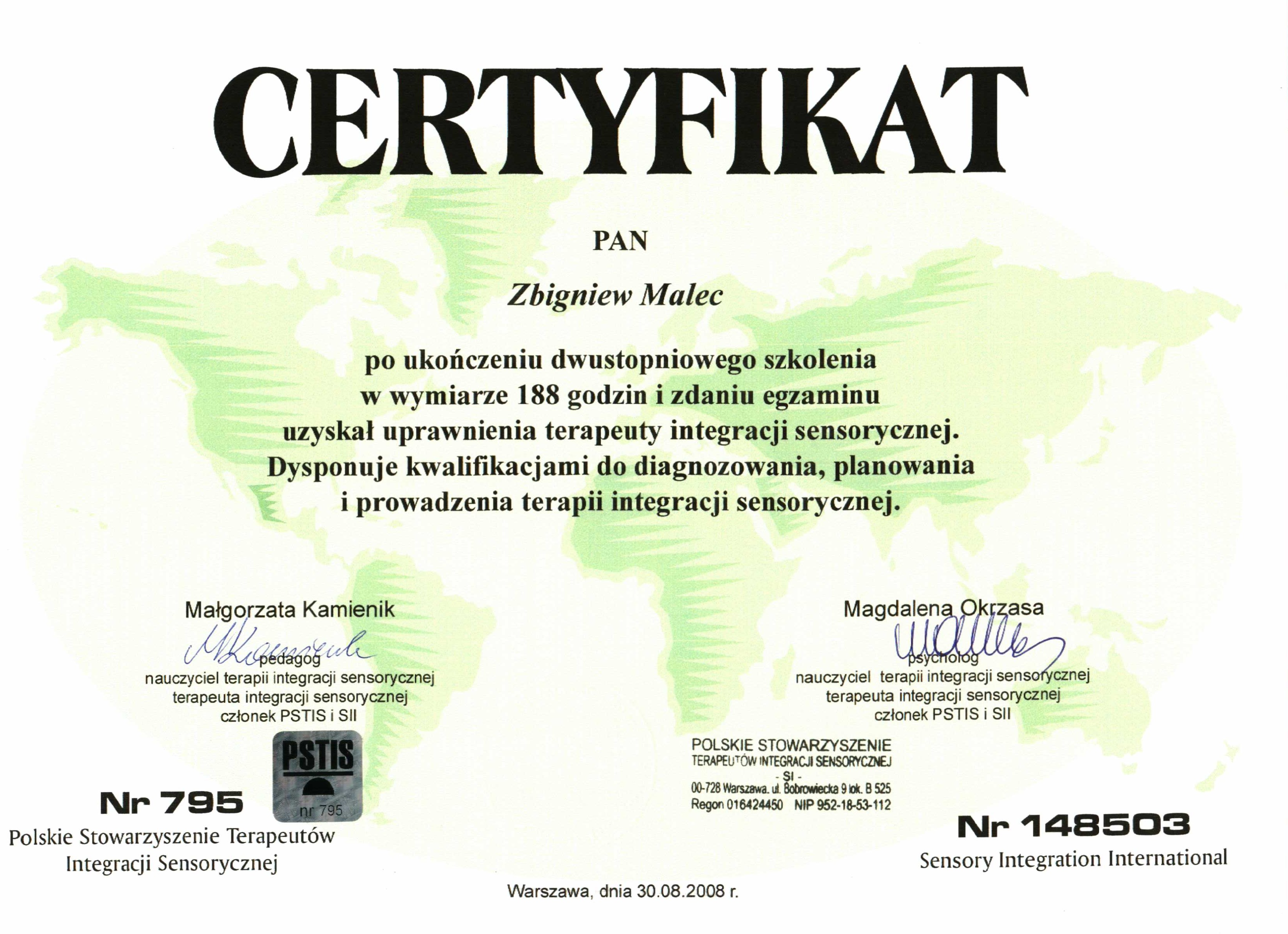 Certyfikat SI - Zbigniew Malec