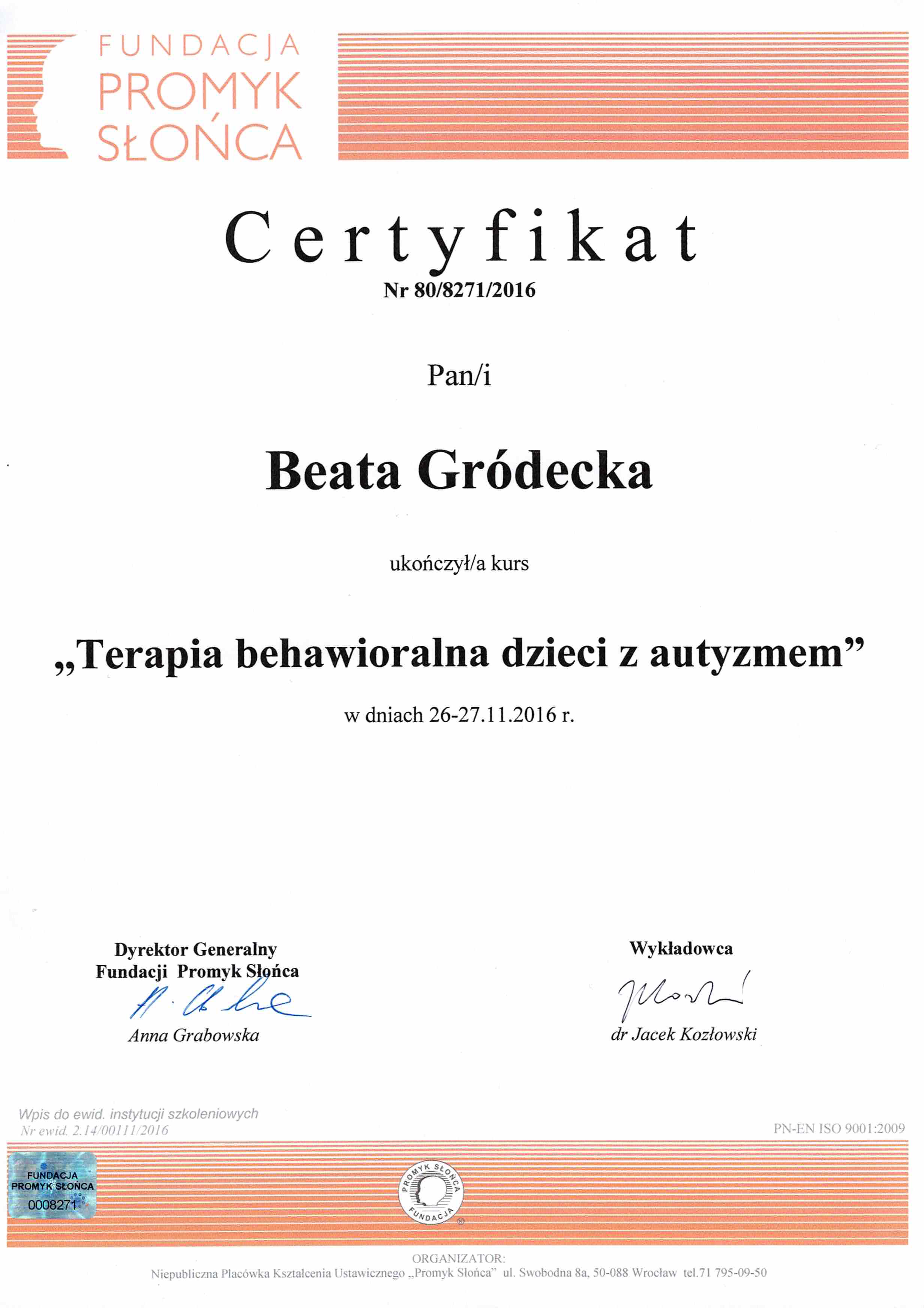 Certyfikat Terapia Behawioralna - Beata Mądry