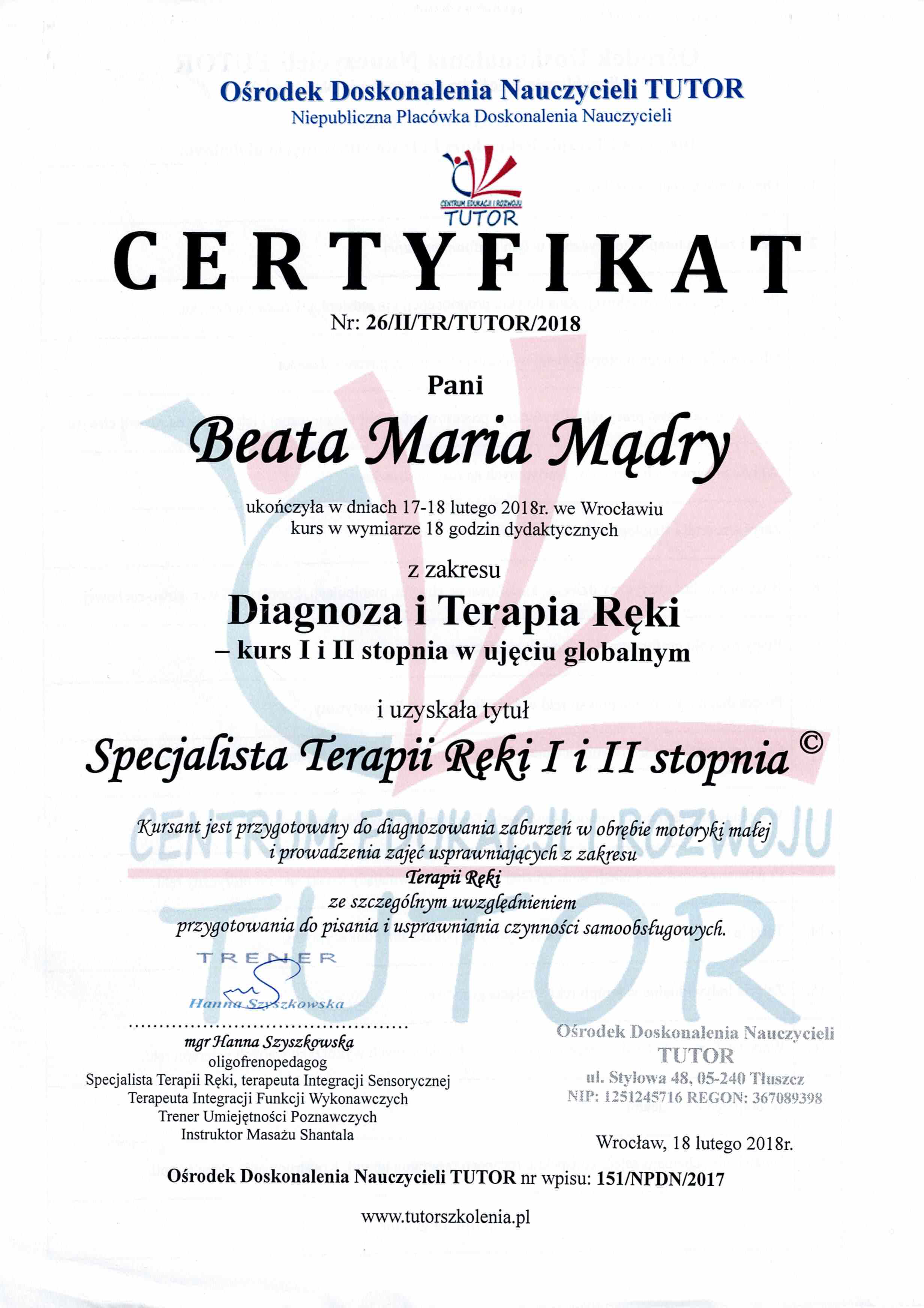 Certyfikat Terapia Ręki - Beata Mądry