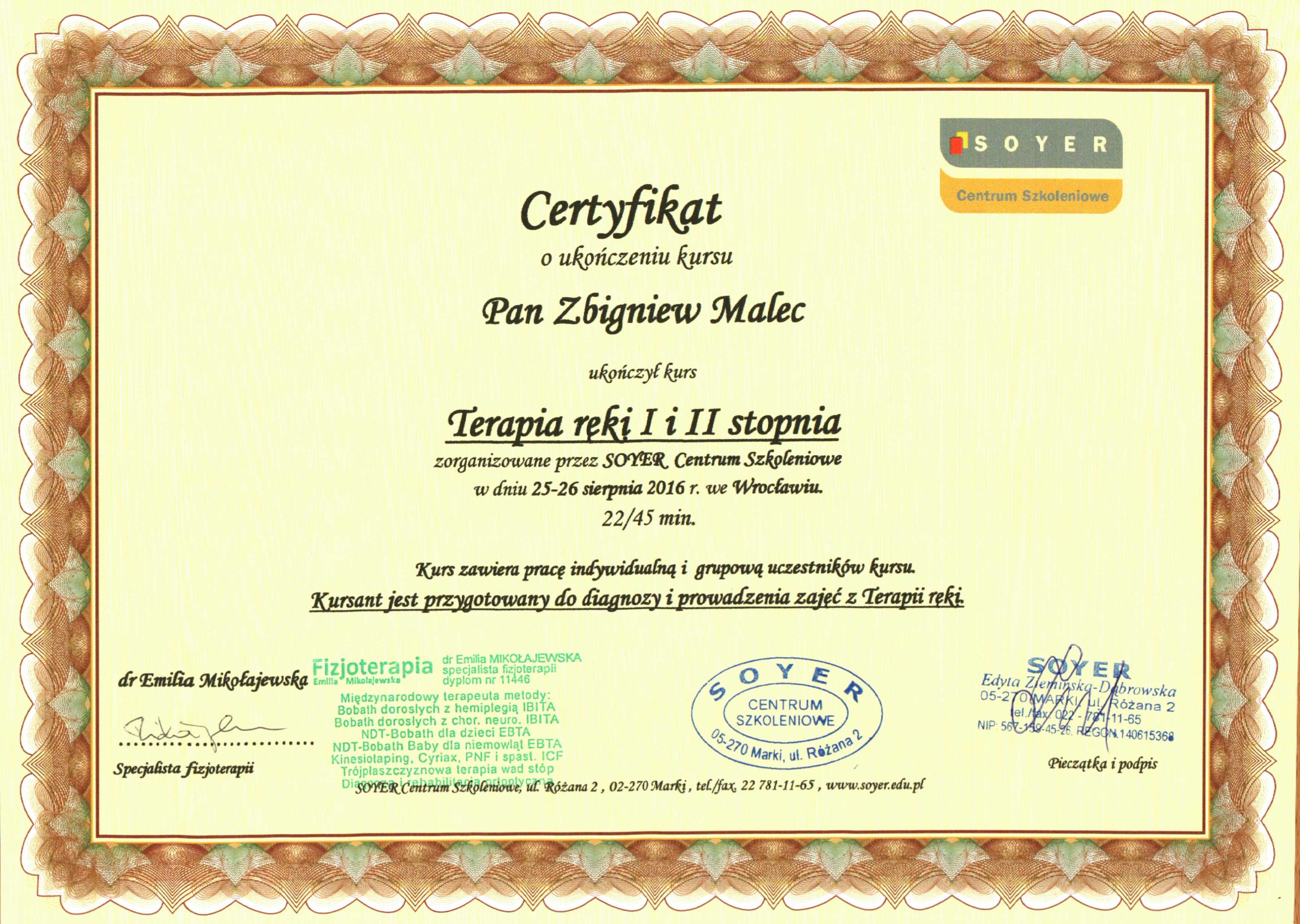 Certyfikat Terapia Ręki - Zbigniew Malec