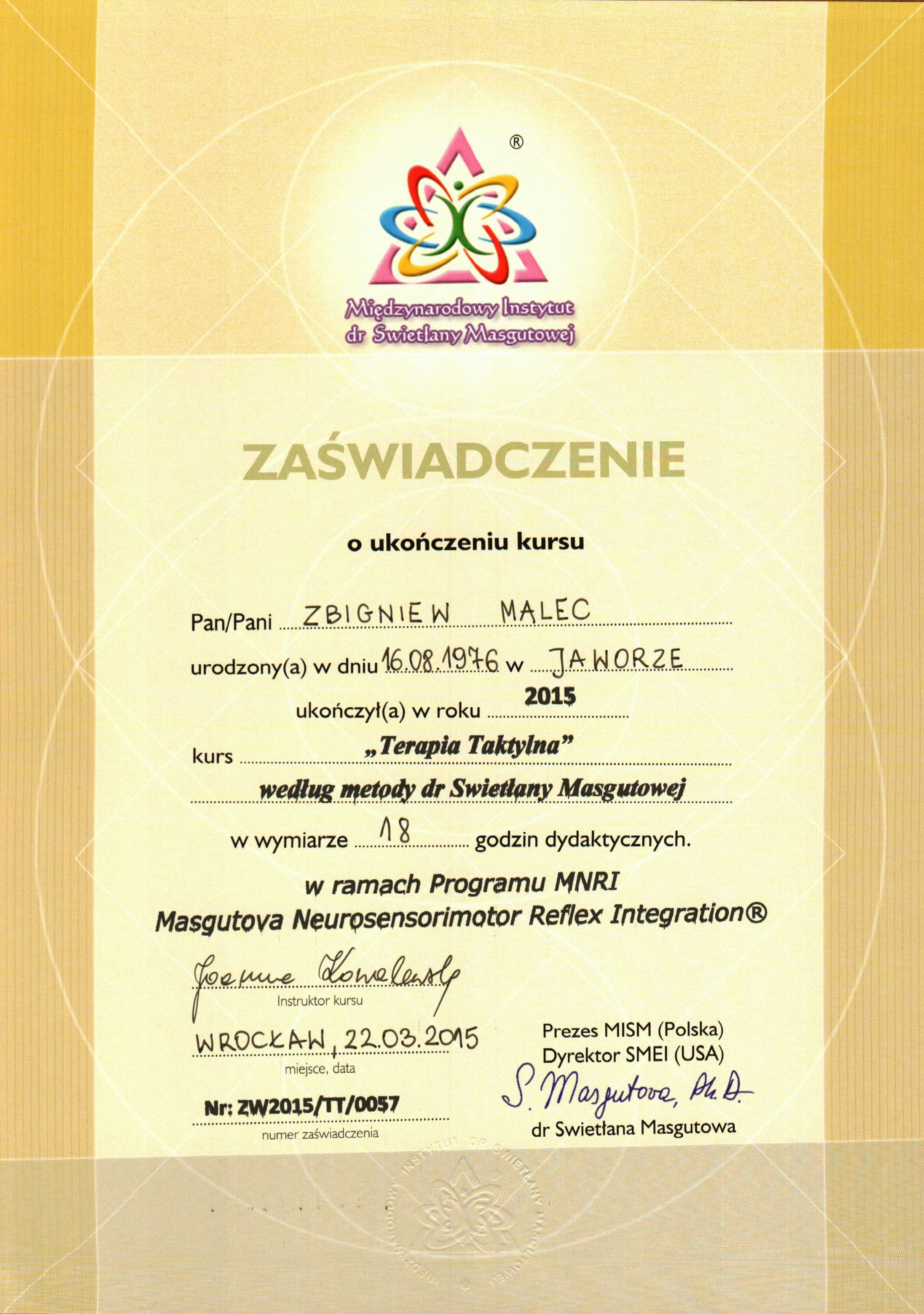 Certyfikat Terapia Taktylna - Zbigniew Malec