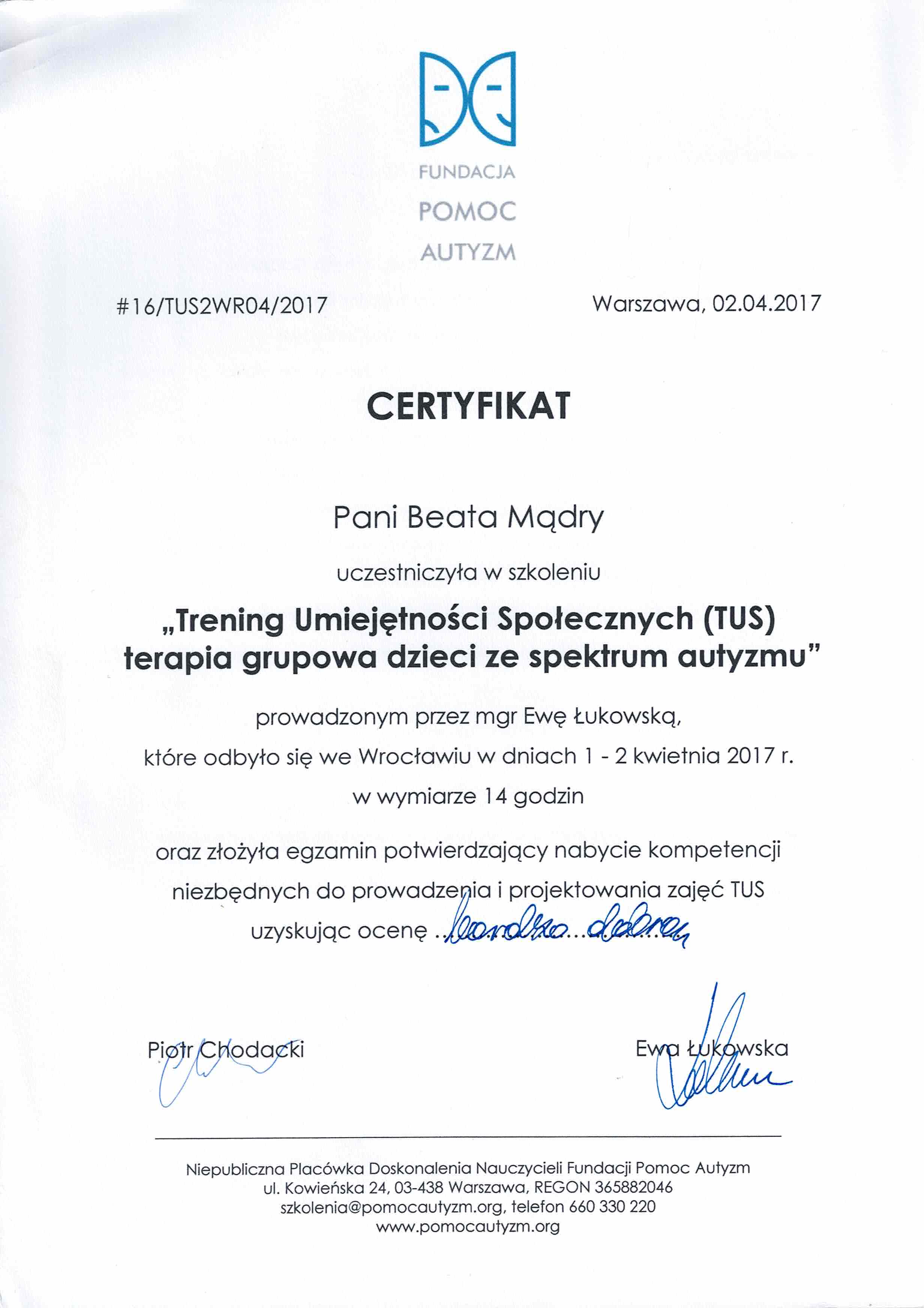 Certyfikat TUS - Beata Mądry
