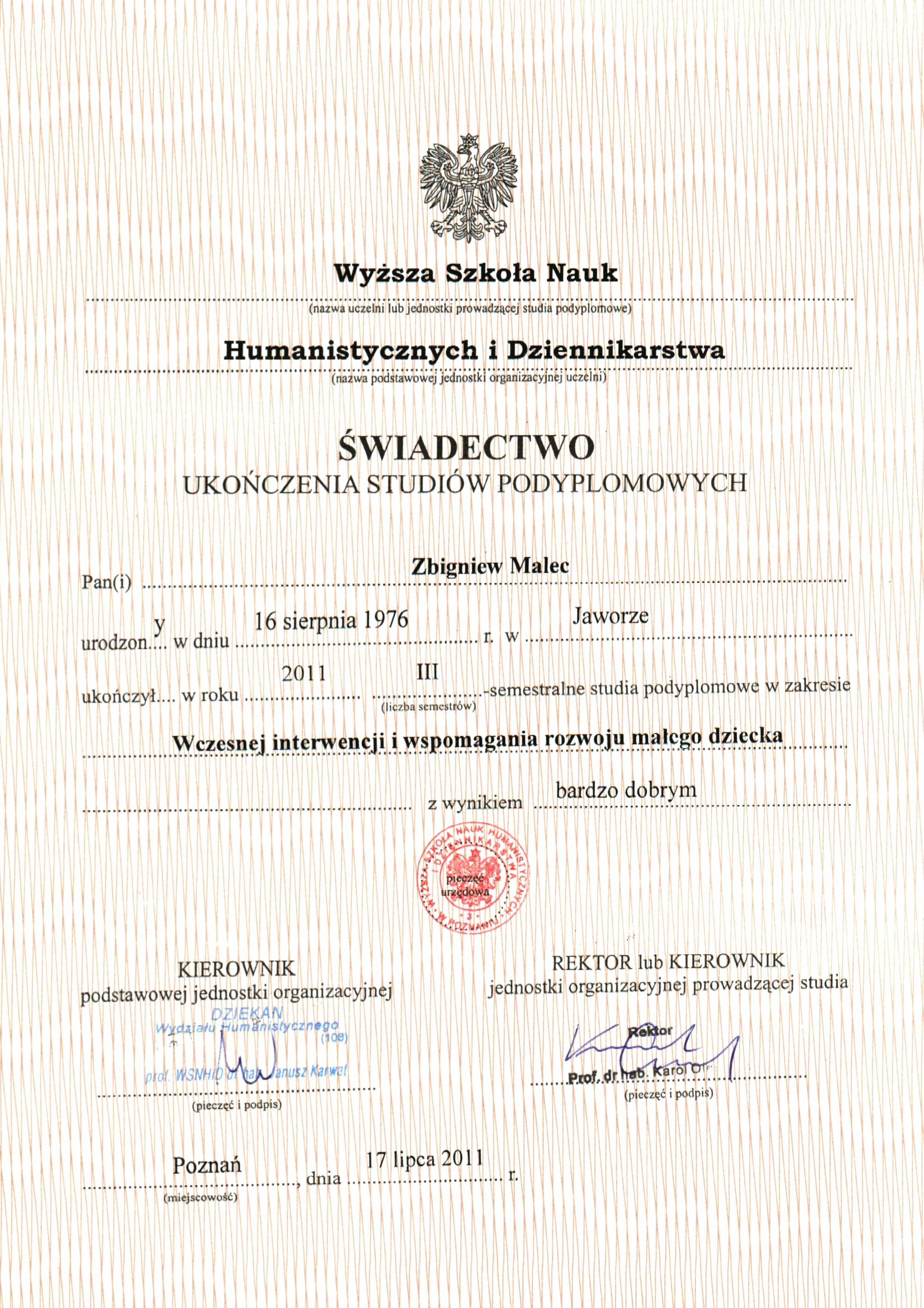 Certyfikat Wspomaganie Rozwoju Małego Dziecka - Zbigniew Malec