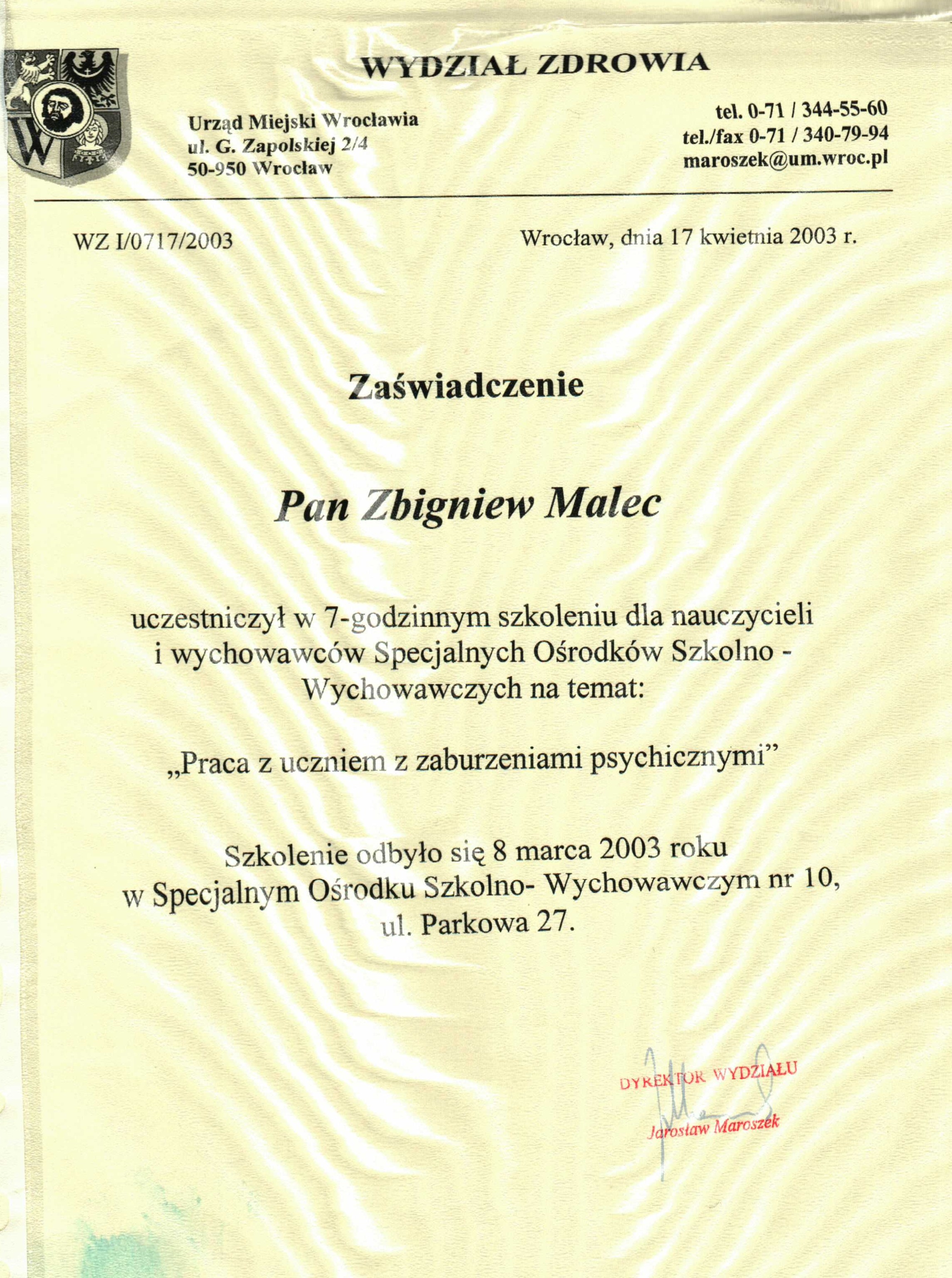 Certyfikat Zaburzenia Psychiczne - Zbigniew Malec